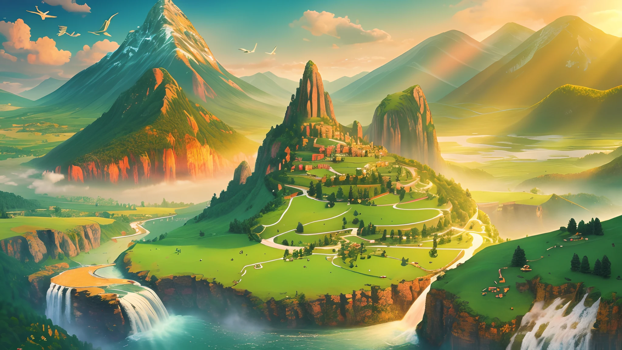 Masterpiece, best quality, very detailed landscape with direct sun rays going down the earth, water flowing, green grass, very beautiful and colorful mountain city in the middle, birds are flying around it