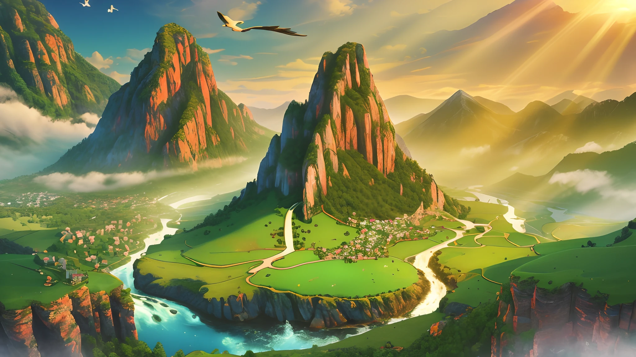 Masterpiece, best quality, very detailed landscape with direct sun rays going down the earth, water flowing, green grass, very beautiful and colorful mountain city in the middle, birds are flying around it