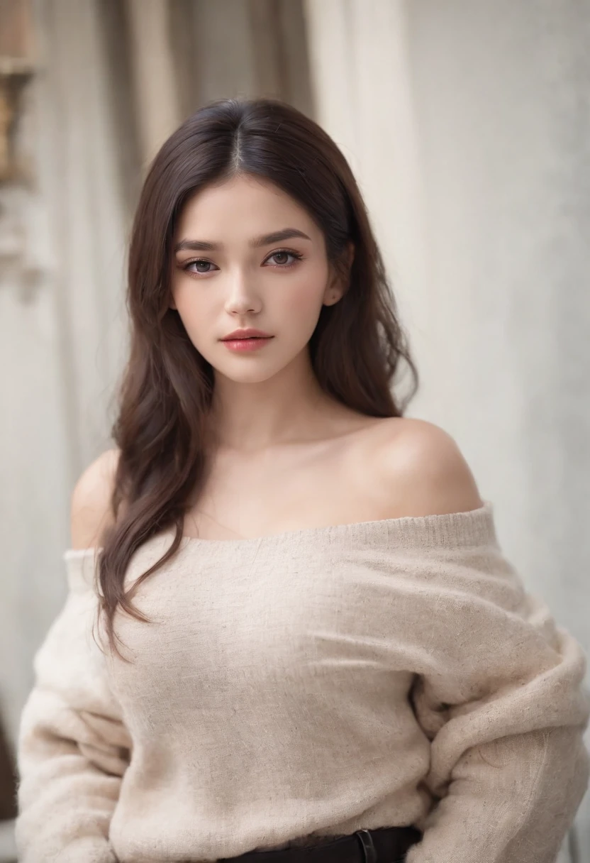 Incredibly beautiful 18 year old girl, incredibly sexy, wearing an off shoulder sweater, low hung sweater, gigantic breasts, extremely long hair, black hair, straight hair, parted in the middle, brown eyes, perfect skin, white, lip filler, detailed, realistic, high quality, masterpiece, closeup