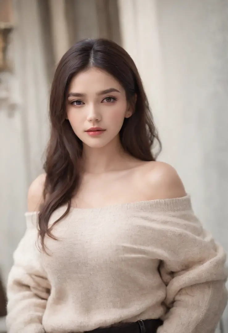 Incredibly beautiful 18 year old girl, incredibly sexy, wearing an off shoulder sweater, low hung sweater, gigantic breasts, extremely long hair, black hair, straight hair, parted in the middle, brown eyes, perfect skin, white, lip filler, detailed, realis...