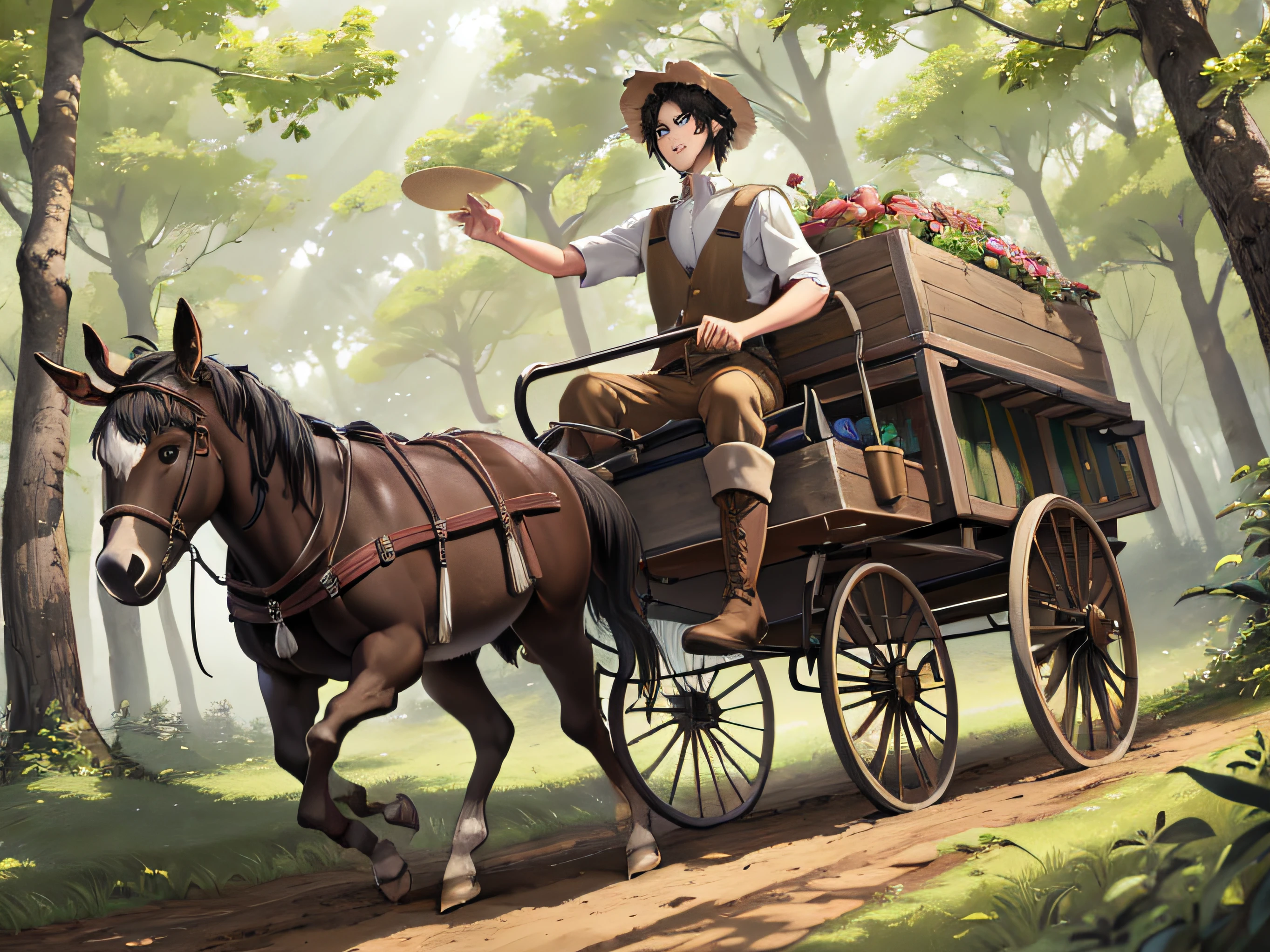 (((Top quality, 8k, masterpiece))) Anime style, a singular young elven male with short messy black hair, woven farmer hat, brown trousers , farmer coveralls, worn brown boots,  wider face, brown eyes, happy and jubilant expression , a singular donkey pulling a cart in the forest background