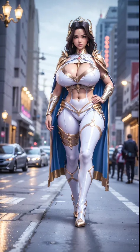 1GIRL, SOLO, (DARK HAIR, HAIR ORNAMENT), (HUGE FAKE BOOBS:1.3), (light blue, white, gold, SEXY FUTURISTIC LATEX BRA, ROYAL CAPE, CLEAVAGE:1.5), (SKINTIGHT YOGA PANTS, HIGH HEELS:1.2), (SEXY BODY, SEXY LONG LEGS, FULL BODY:1.3), (FROM FRONT, LOOKING AT VIEW...