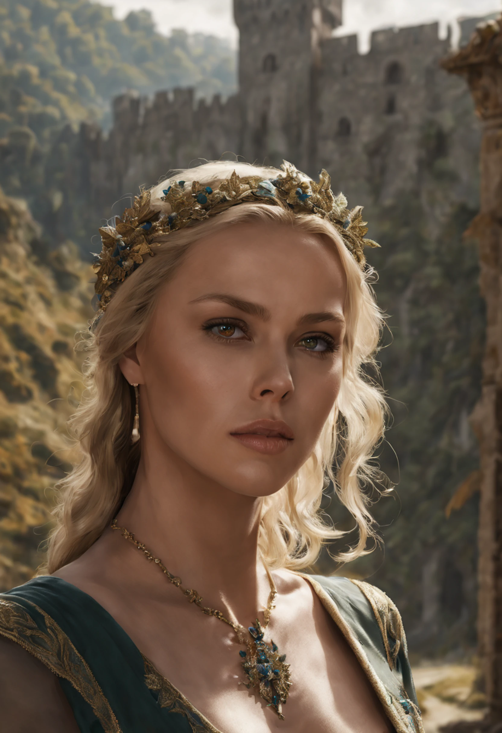 ((Charlize Theron), (arwen)), modelshoot style, Looks like Keira Knightley, (extremely detailed CG unit 8k wallpaper), full shot body photo of the most beautiful artwork in the world, English medieval witch, green vale, pearl skin,golden crown, diamonds, Detailed background with medieval architecture, professional majestic oil painting by Ed Blinkey, Atey Ghailan, ghibli studio, Directed by: Jeremy Mann, Greg Manxadinho, Antonio Moro, trending on ArtStation, trending in cgsociety, intrikate, High detail, sharp focus, Dramatic, photorealistic painting art by midjourney and greg rutkowski