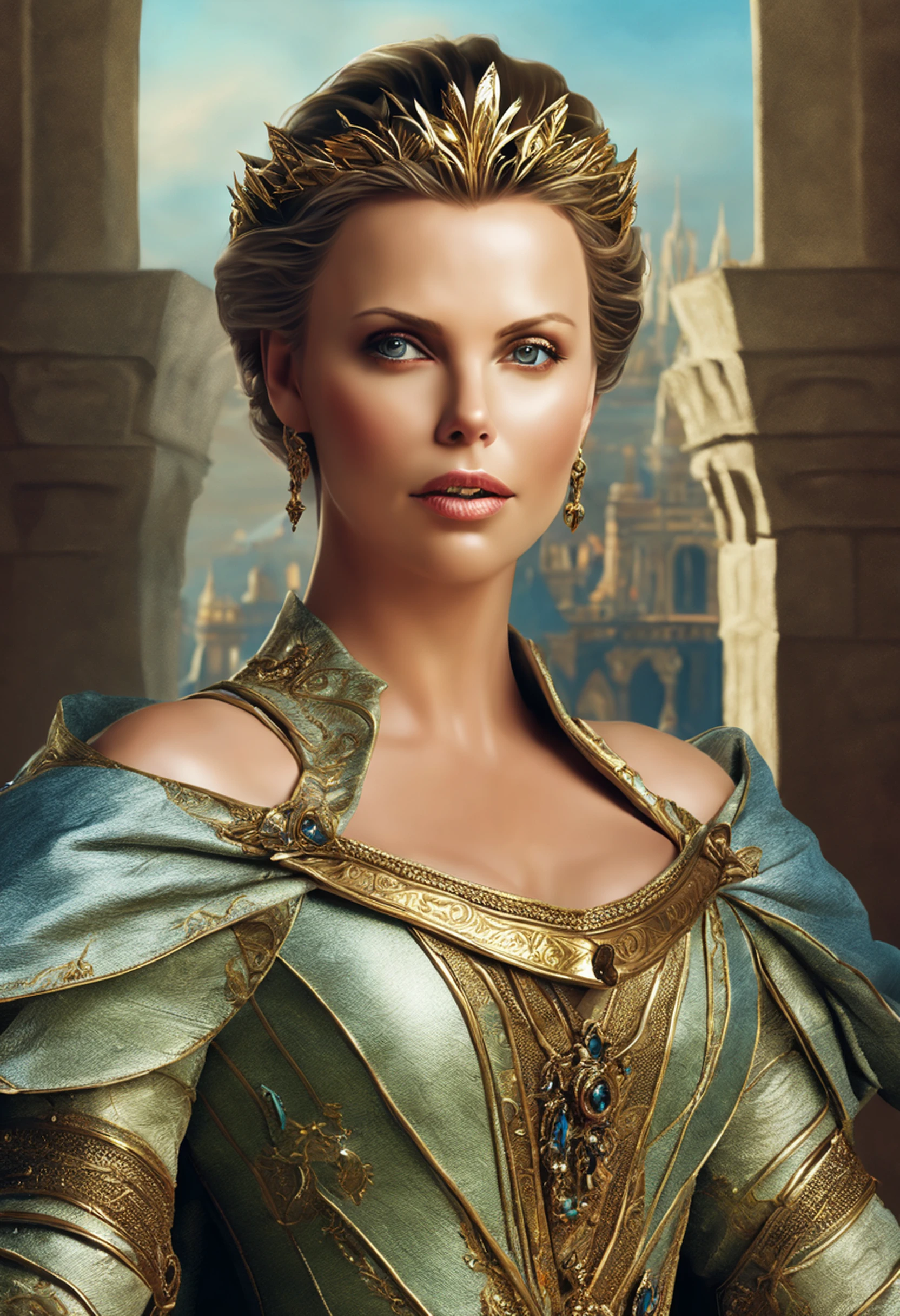 ((Charlize Theron), (arwen)), modelshoot style, Looks like Keira Knightley, (extremely detailed CG unit 8k wallpaper), full shot body photo of the most beautiful artwork in the world, English medieval witch, green vale, pearl skin,golden crown, diamonds, Detailed background with medieval architecture, professional majestic oil painting by Ed Blinkey, Atey Ghailan, ghibli studio, Directed by: Jeremy Mann, Greg Manxadinho, Antonio Moro, trending on ArtStation, trending in cgsociety, intrikate, High detail, sharp focus, Dramatic, photorealistic painting art by midjourney and greg rutkowski