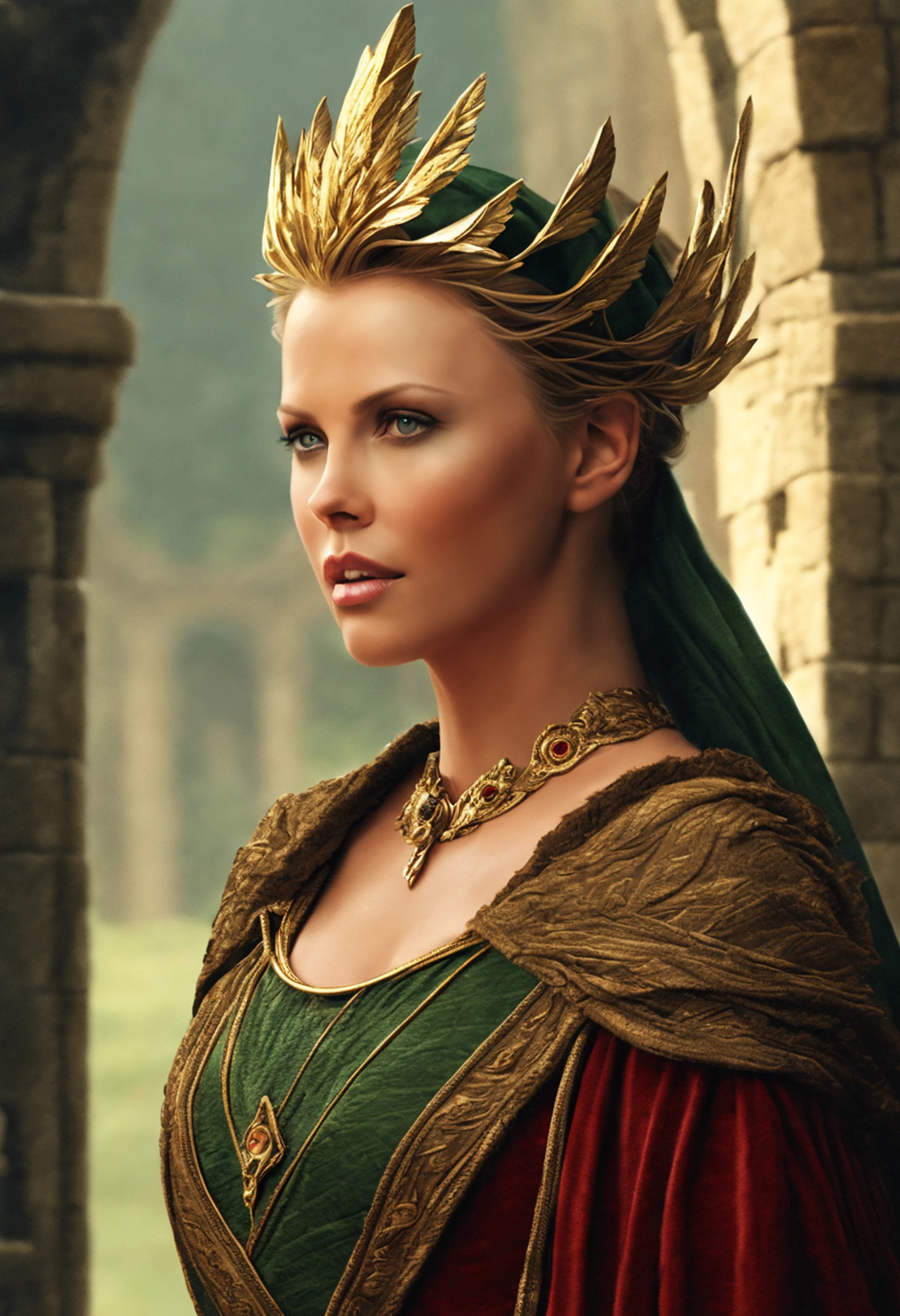 ((Charlize Theron), (arwen)), modelshoot style, Looks like Keira Knightley, (extremely detailed CG unit 8k wallpaper), full shot body photo of the most beautiful artwork in the world, English medieval witch, green vale, pearl skin,golden crown, diamonds, Detailed background with medieval architecture, professional majestic oil painting by Ed Blinkey, Atey Ghailan, ghibli studio, Directed by: Jeremy Mann, Greg Manxadinho, Antonio Moro, trending on ArtStation, trending in cgsociety, intrikate, High detail, sharp focus, Dramatic, photorealistic painting art by midjourney and greg rutkowski