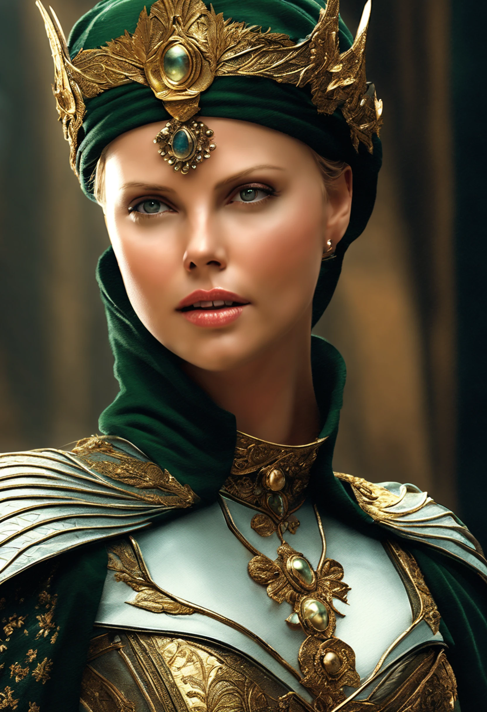((Charlize Theron), (arwen)), modelshoot style, Looks like Keira Knightley, (extremely detailed CG unit 8k wallpaper), full shot body photo of the most beautiful artwork in the world, English medieval witch, green vale, pearl skin,golden crown, diamonds, Detailed background with medieval architecture, professional majestic oil painting by Ed Blinkey, Atey Ghailan, ghibli studio, Directed by: Jeremy Mann, Greg Manxadinho, Antonio Moro, trending on ArtStation, trending in cgsociety, intrikate, High detail, sharp focus, Dramatic, photorealistic painting art by midjourney and greg rutkowski