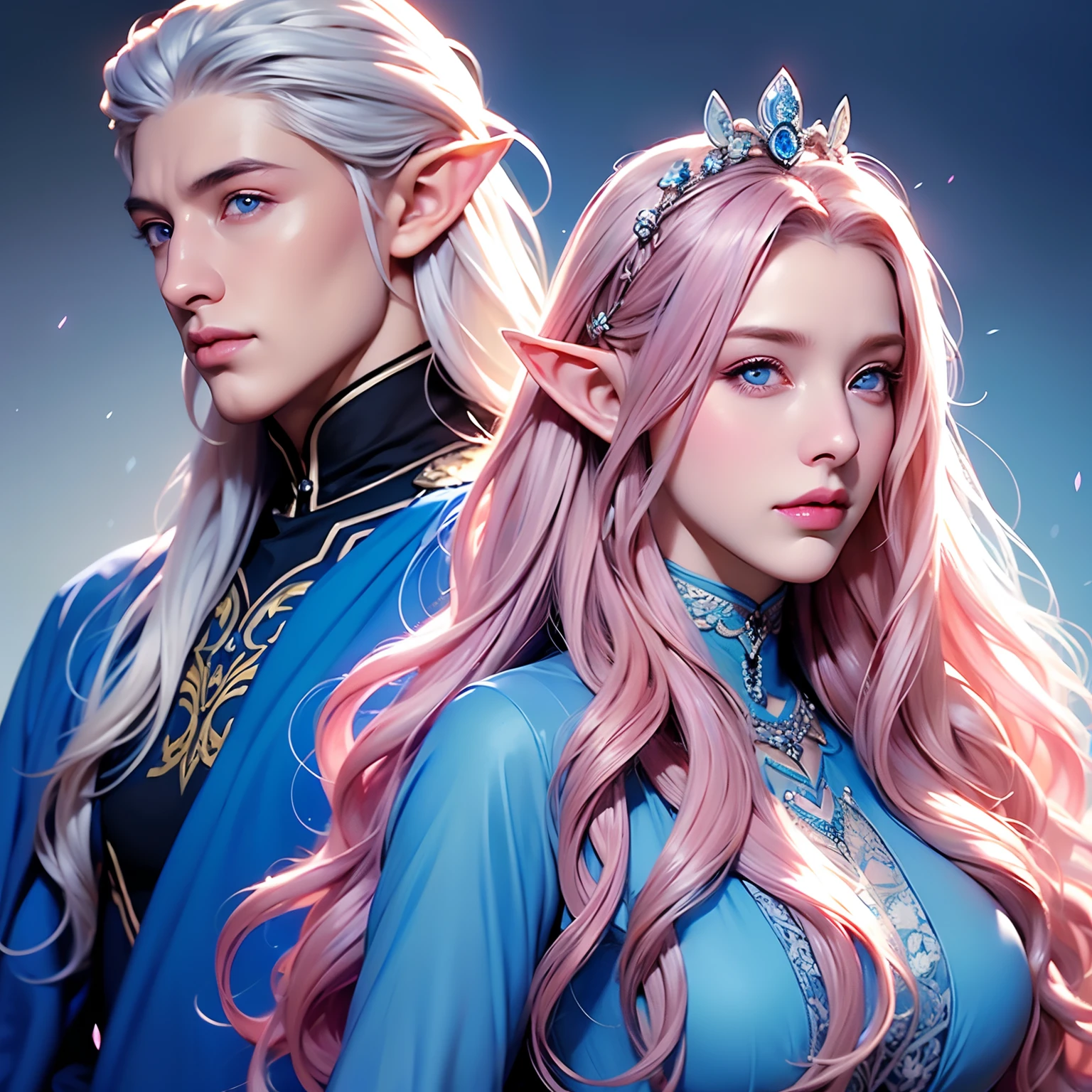 (Woman near man)(and Woman, pink hair, long curly hair, blue eyes, Elf woman, elf)(boy, boy, man, strong, white hair, long hair, blue eyes, elf) (medieval background) (King and queen)