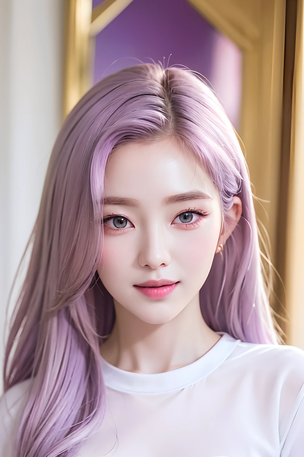 extremely detailed eye、extra detailed face、best qualtiy、​masterpiece、ighly detailed、ultra-detailliert、(realisitic、Photorealsitic:1.3)、a smile、(facing front)、Look at viewers、white  shirt、A clear day、outside of house、1 Girl's upper body、Purple and white gradient hair color。