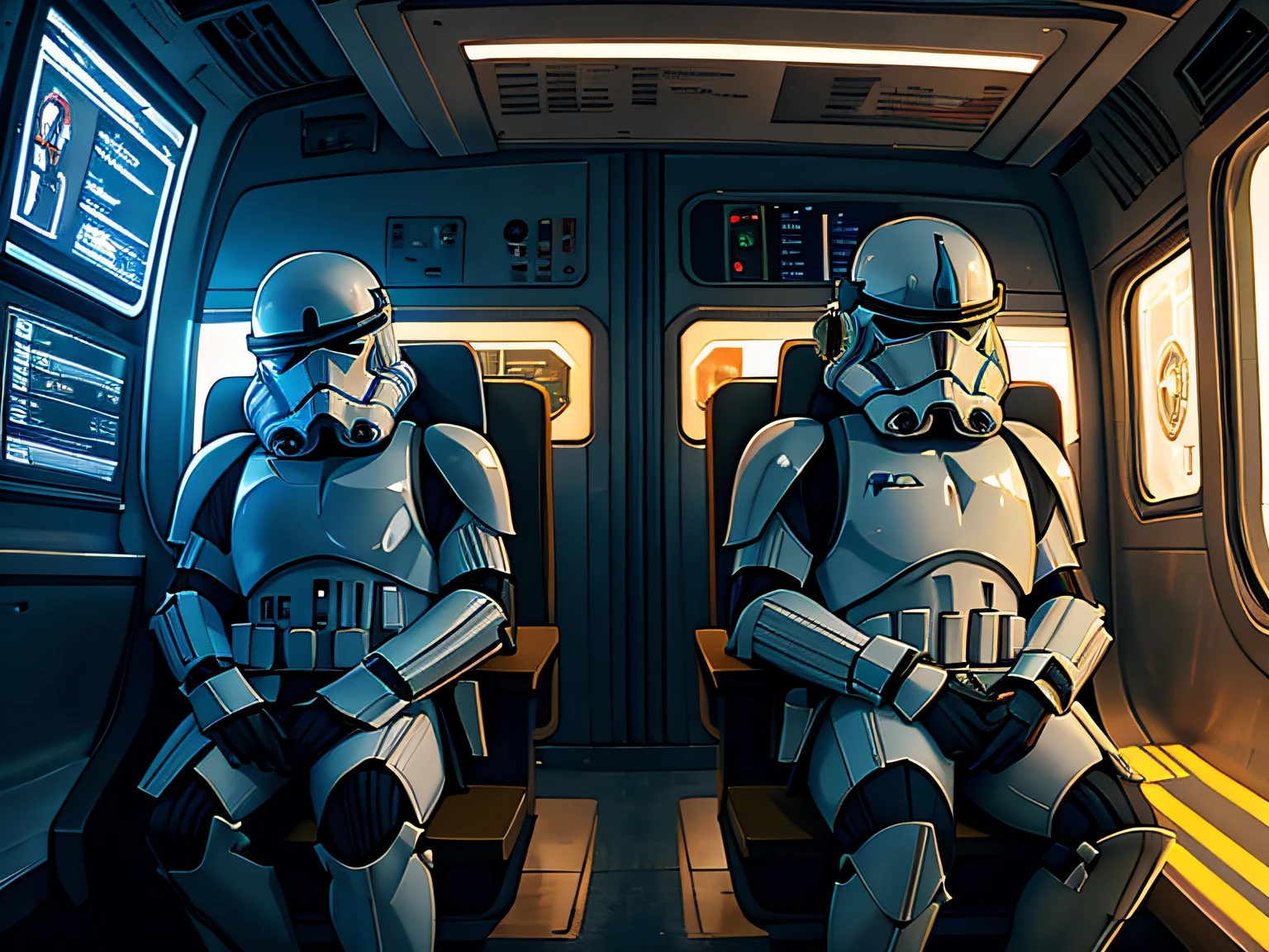 Soldados clon sentados en un metro de Star Wars en Coruscant con auriculares puestos