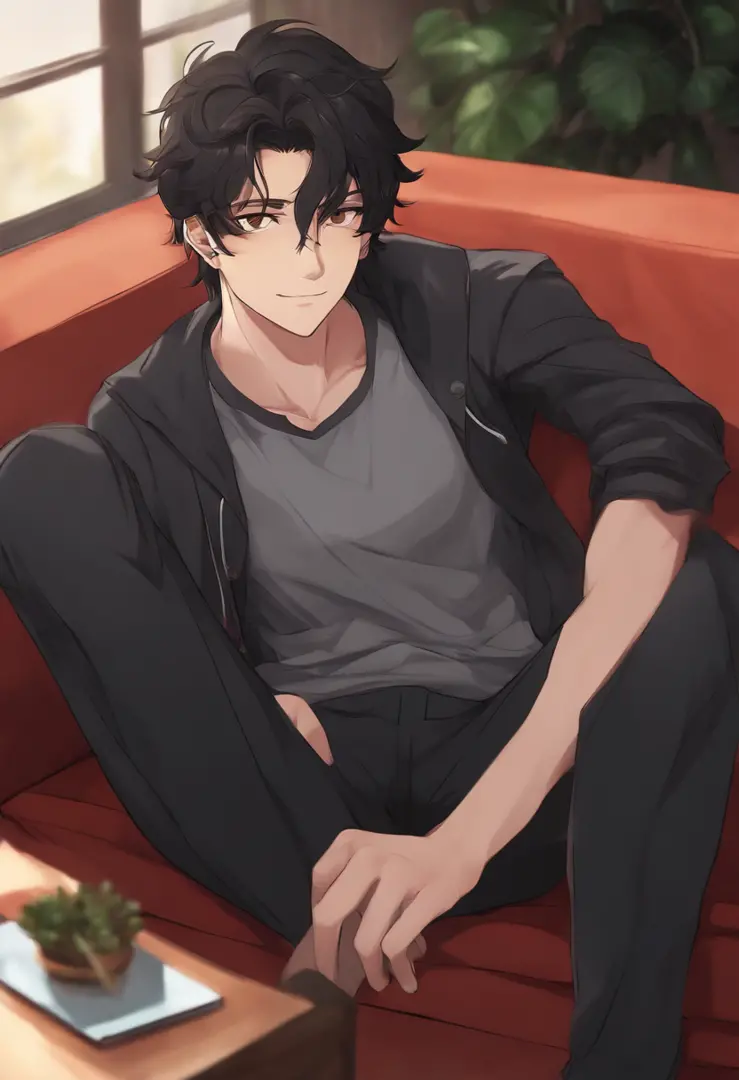 anime guy, late teens 17-18, tall, black messy hair, fair skin, bump on nose, hazel eyes, grinning, veiny hands, black tight shirt, gray sweatpants, manspreading on couch