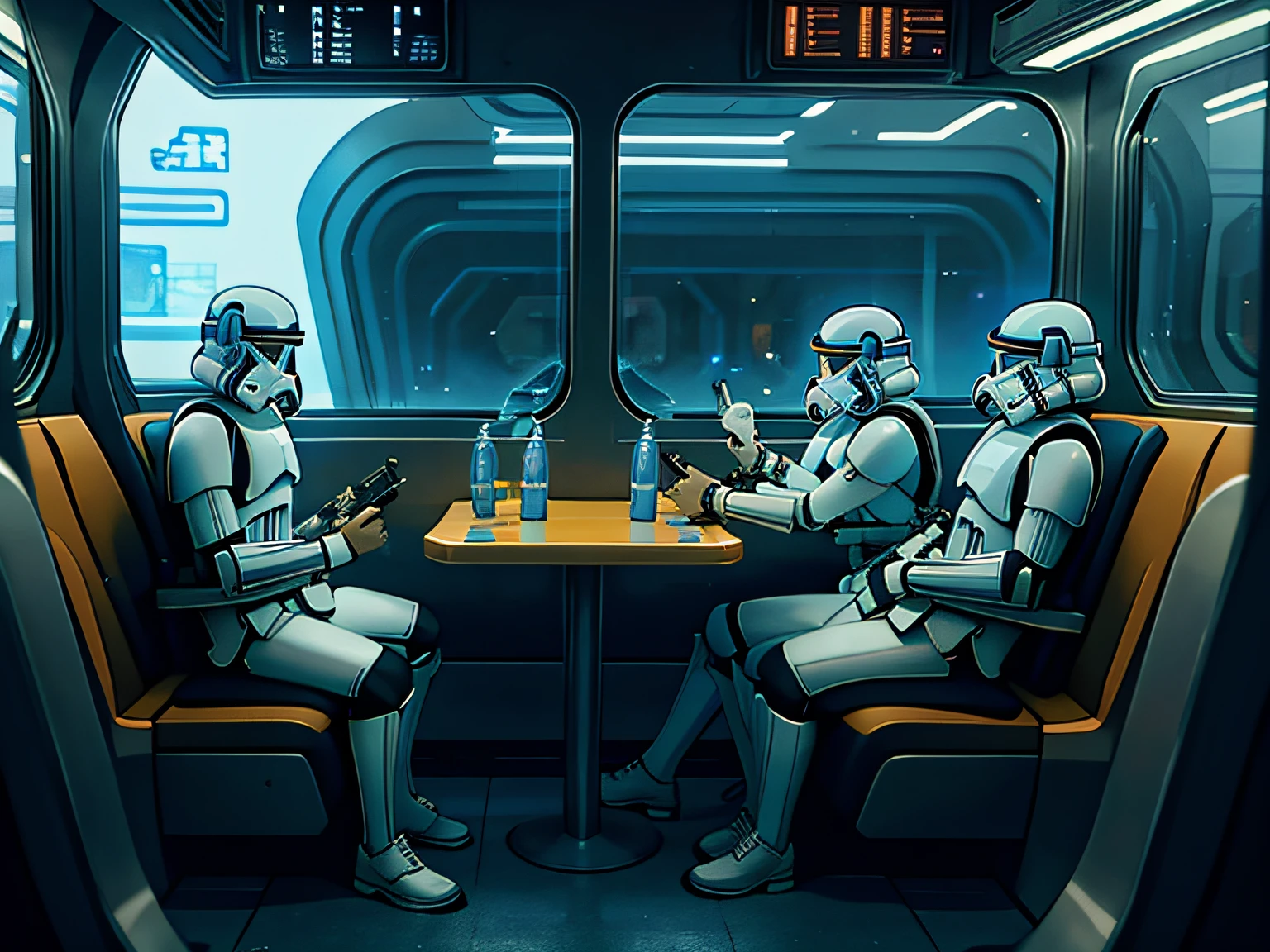 Soldados clon sentados en un metro de Star Wars en Coruscant con auriculares puestos