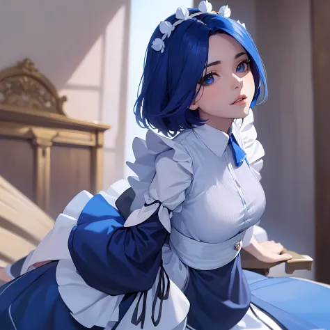 1mujer, hermosa, sexy, pelo corto color azul cielo, traje de maid