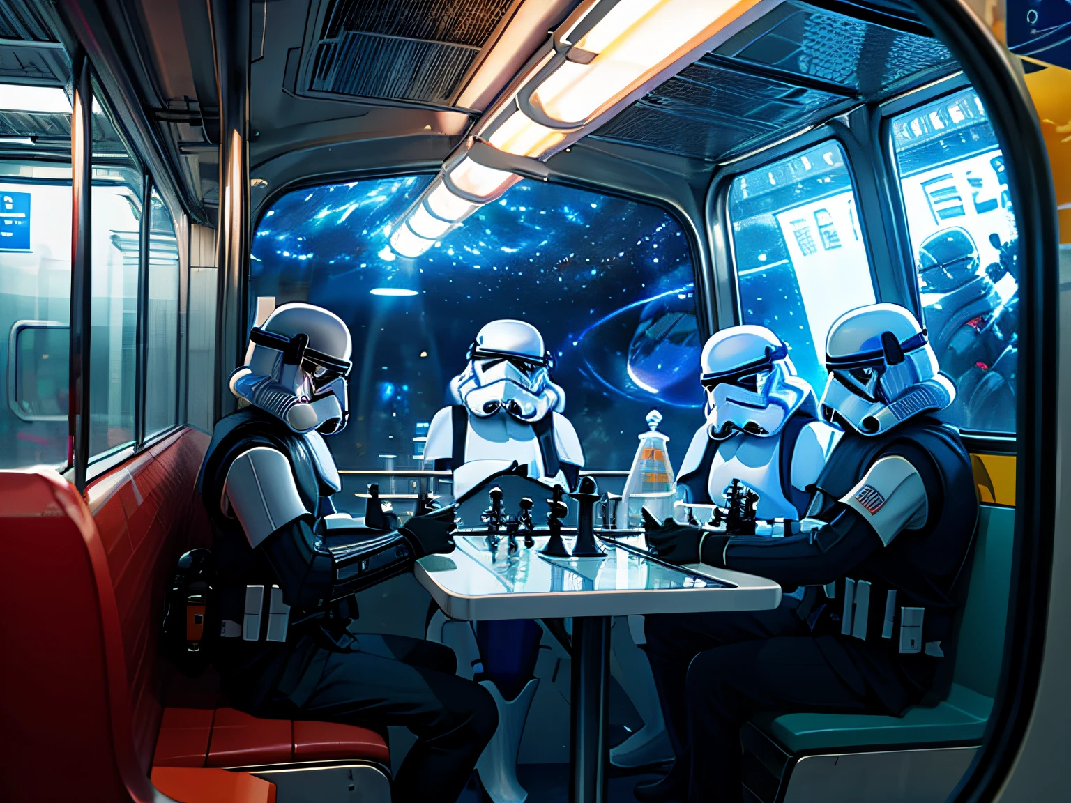 Soldados de asalto jugando al ajedrez espacial en un metro en Coruscant