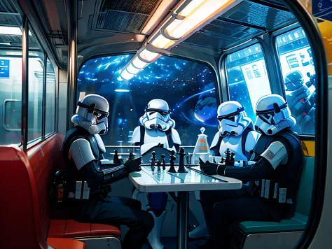 Storm Troopers playing space chess on a subway in coruscant