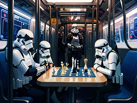 Storm Troopers playing space chess on a subway in coruscant
