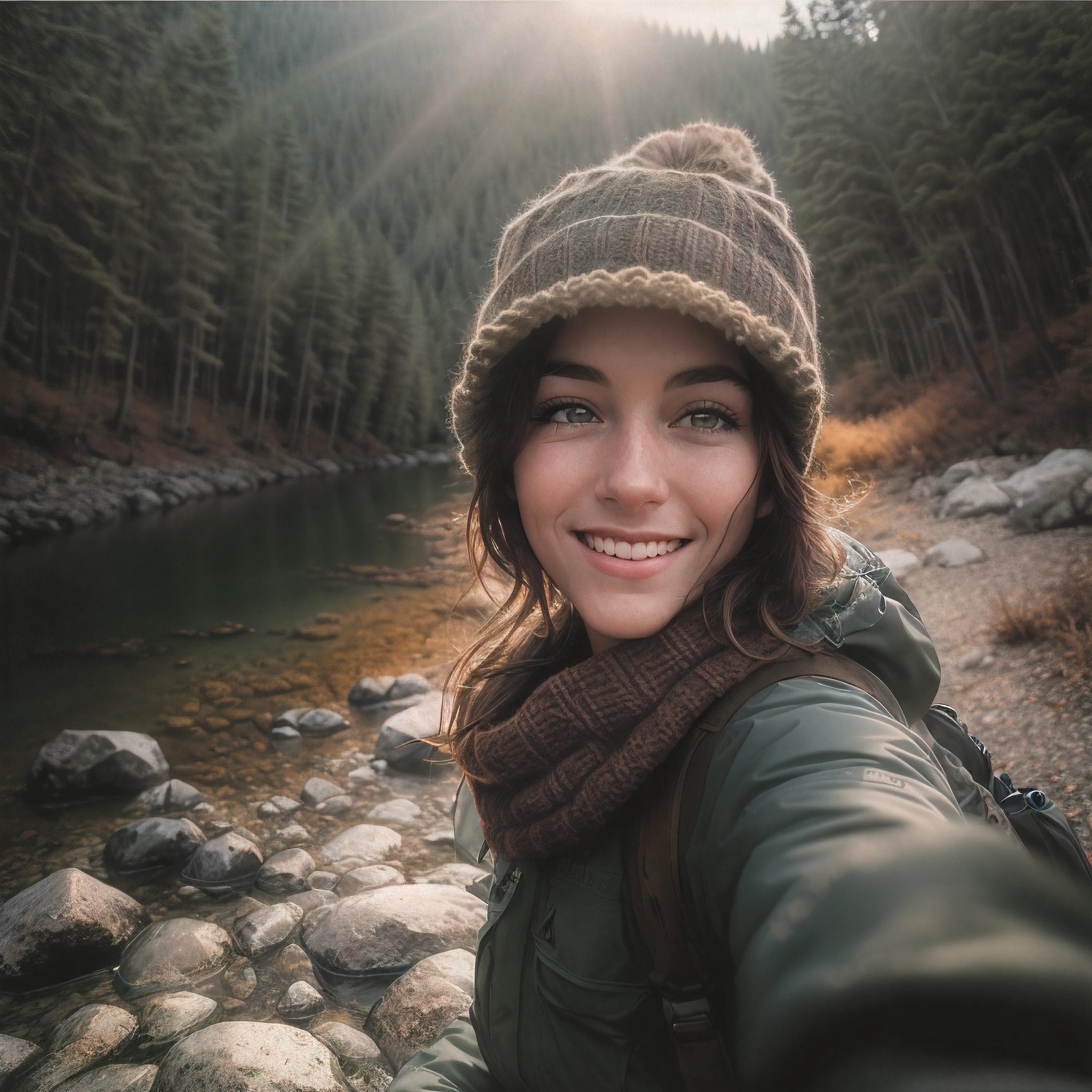 1 woman((upper body selfie, happy)), masterpiece, best quality, ultra-detailed, solo, outdoors, (night), mountains, nature, (stars, moon) cheerful, happy, backpack, sleeping bag, camping stove, water bottle, mountain boots, gloves, sweater, hat, flashlight, forest, rocks, river, wood, smoke, shadows, contrast, clear sky,
analog style (look at viewer:1.2) (skin texture)
(film grain:1.3), (warm hue, warm tone)