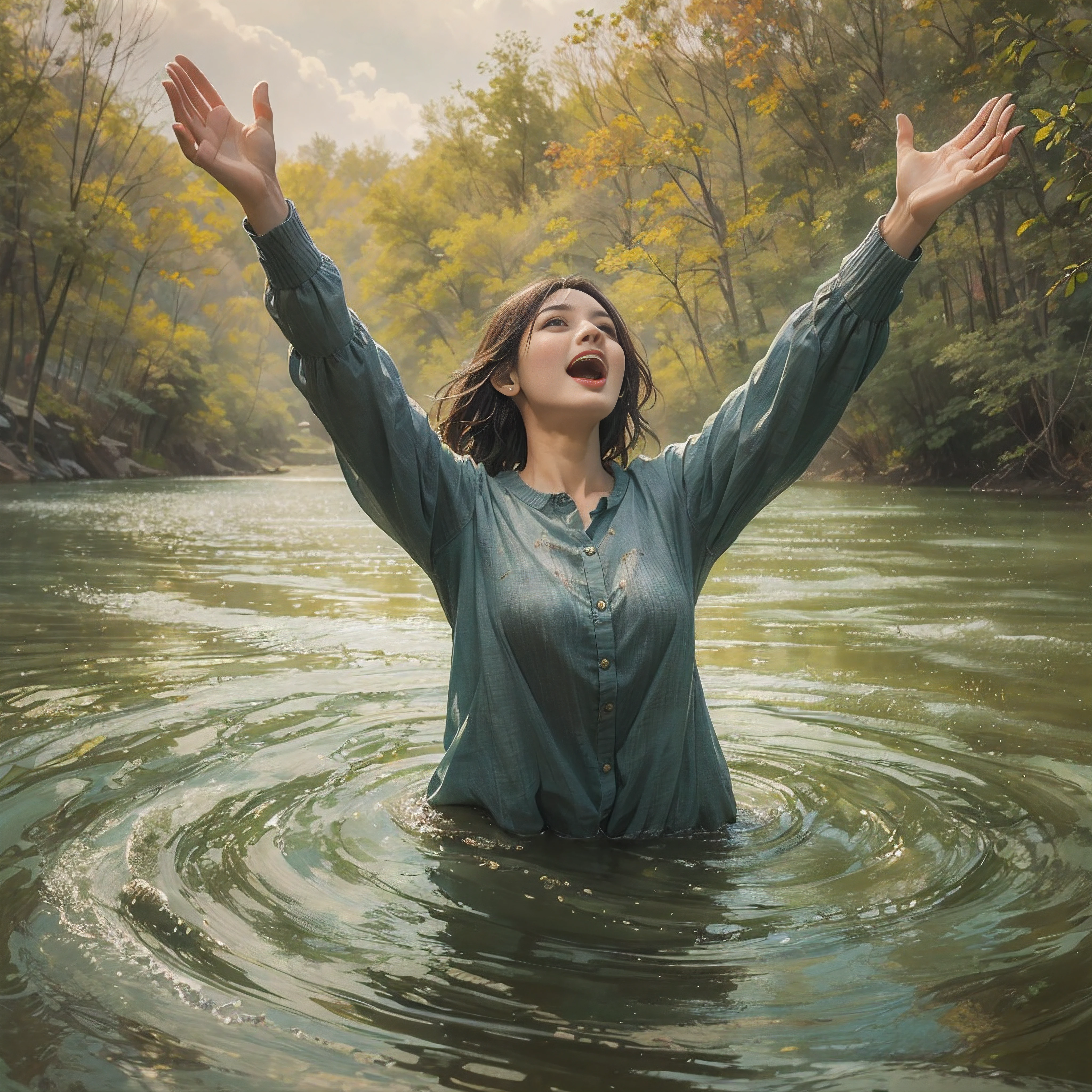 A very beautiful young woman stands in the water of a river and shouts with joy with her hands raised...... (Good Composition) (obra de arte) (Arte expresivo). (((Pechos masivos gigantes)))