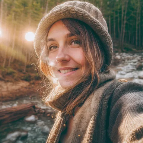 1 young woman((upper body selfie, happy)), masterpiece, best quality, ultra-detailed, solo, outdoors, (night), mountains, nature, (stars, moon) cheerful, happy, backpack, sleeping bag, camping stove, water bottle, mountain boots, gloves, sweater, hat, ((mi...
