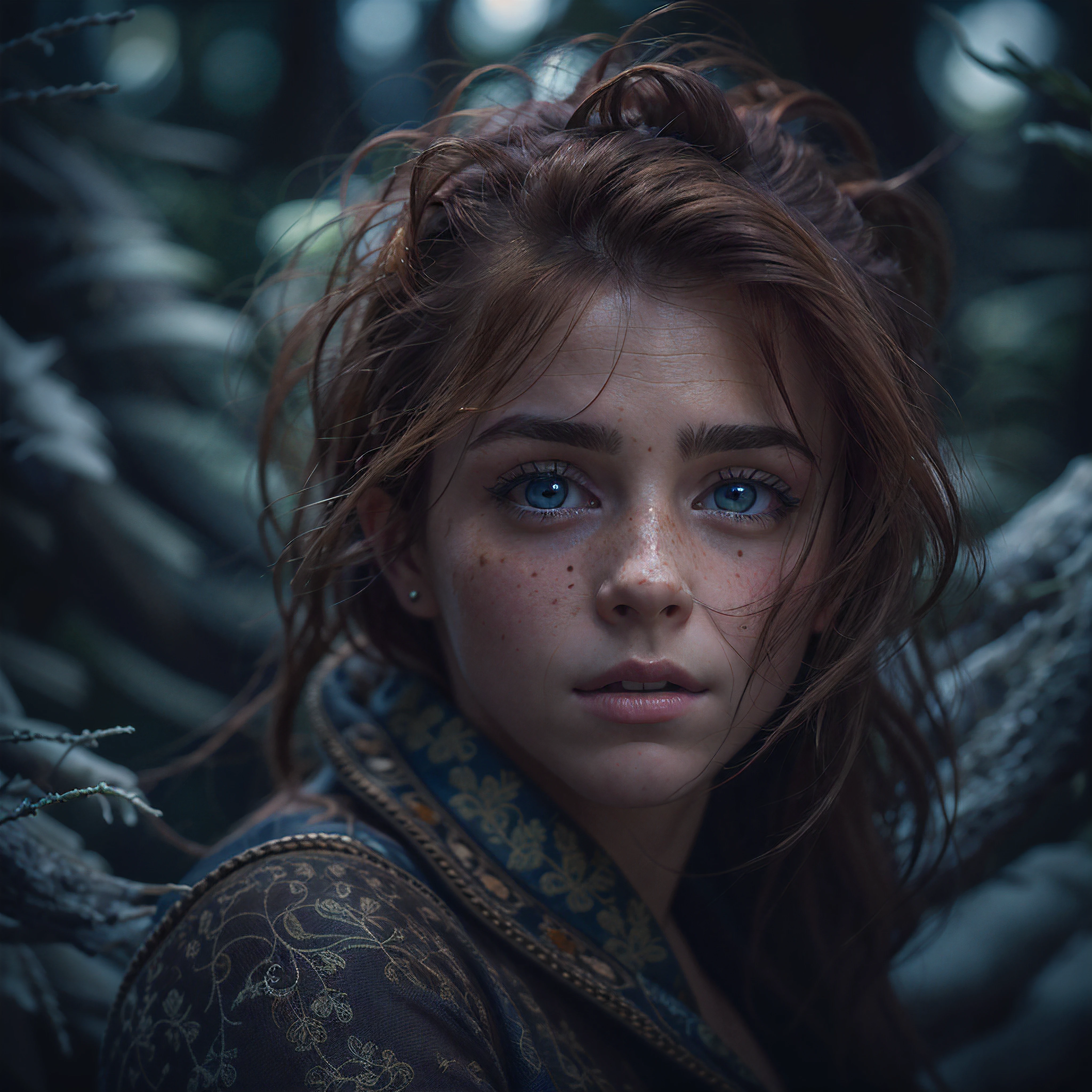 portrait of beautiful women, looking over spruce forest, moody portrait, striking features, beauty, intricate details, dramatic composition, tension, wispy hair, blue eyes, contrast, texture, realism, high-quality rendering, stunning art, high quality, film grain, Fujifilm XT3, acne, blemishes, detailed skin, freckled