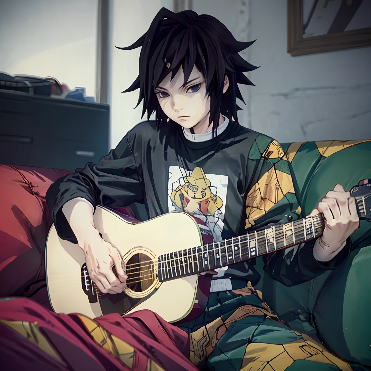 Boy1, Plays the guitar, frontal view, Straight angle width, T-shirt with long sleeves, bloomers, Sitting on a sofa, At home, looking at the scenes., detailed face, Realistic features, detailled eyes, high-definition