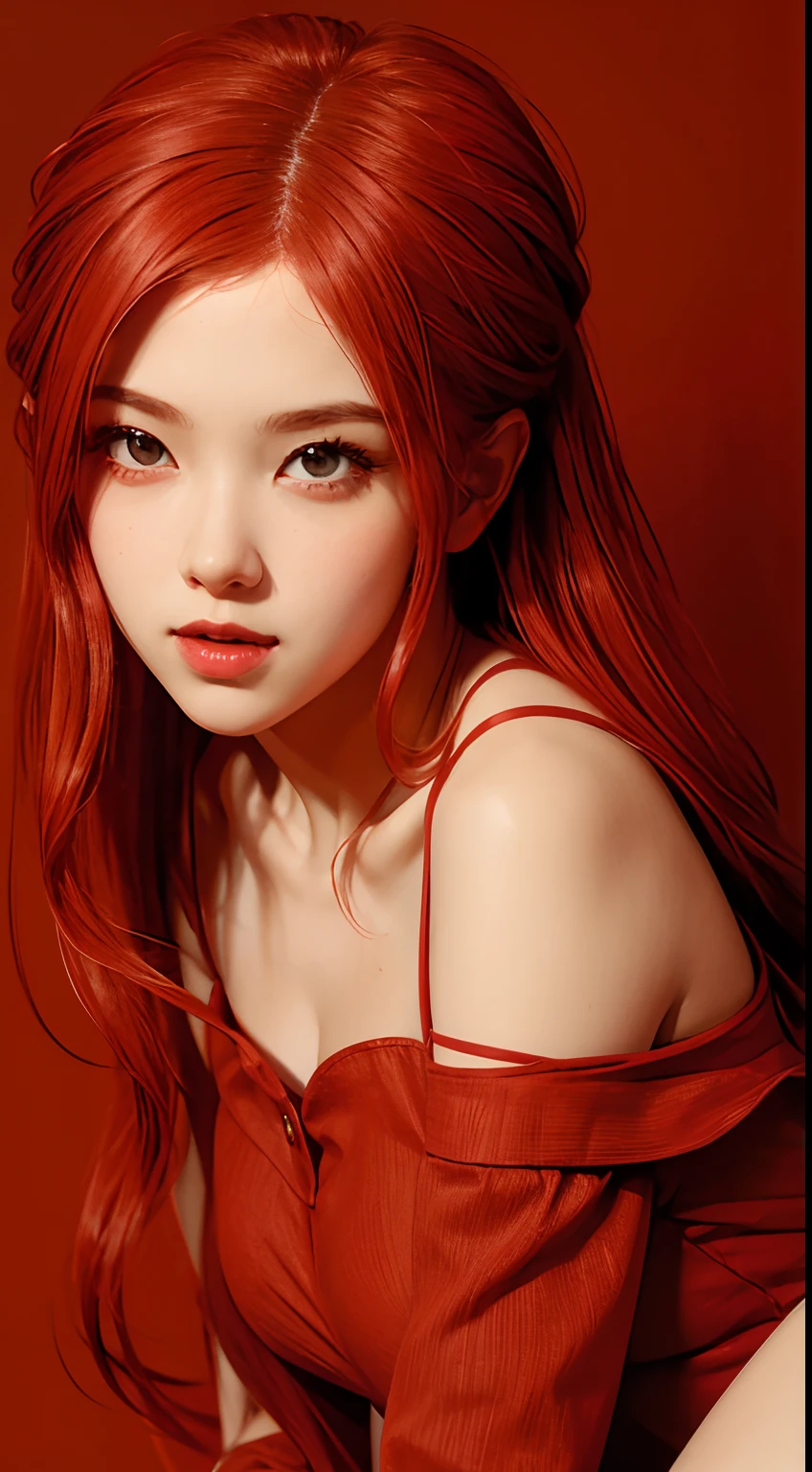Girl with Red Hair, red dress, red theme, red background