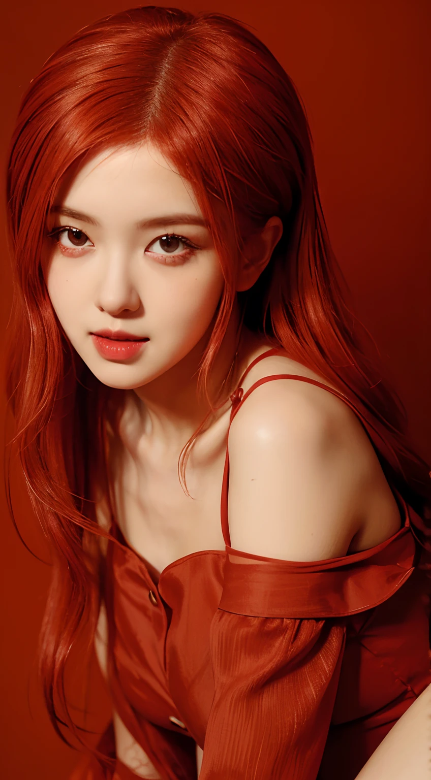 Girl with Red Hair, red dress, red theme, red background