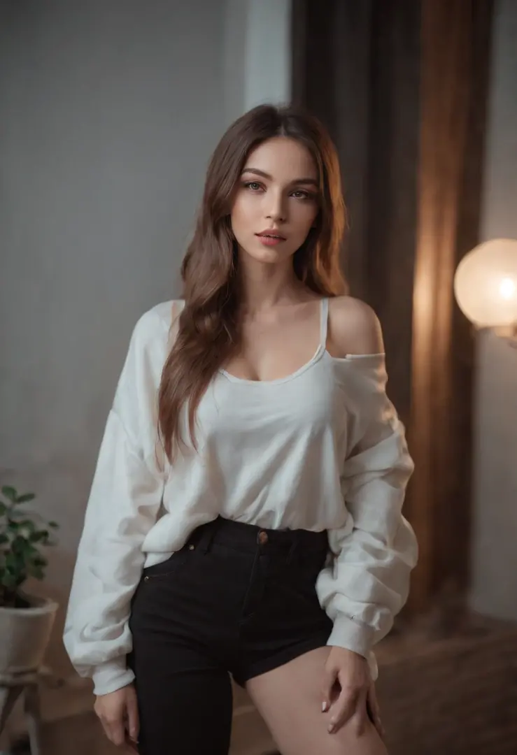 woman in baggy clothes, sexy instagram model, young, beautiful, long hair, 25 years old, fashionable, indoor selfie, dynamic pose, tight pants, at night