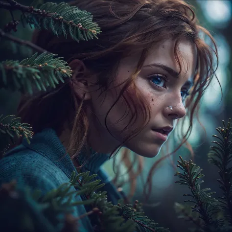 portrait of beautiful women, looking over spruce forest, moody portrait, striking features, beauty, intricate details, dramatic ...
