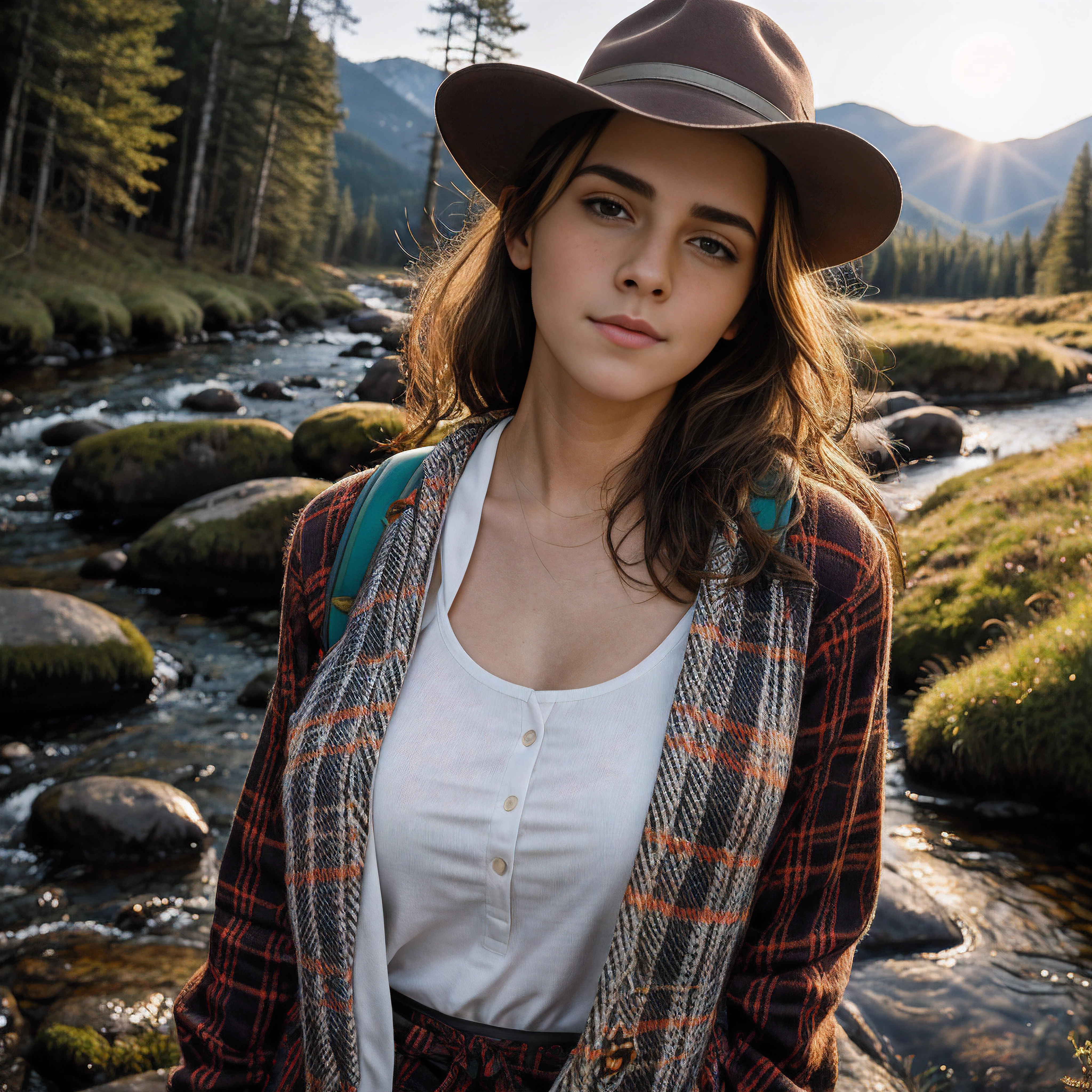 1 woman ((upper body selfie, happy)), masterpiece, best quality, ultra-detailed, solo, outdoor, (night), mountains, nature, (stars, moon) cheerful, happy, backpack, sleeping bag, camping stove, water bottle, country boot, country hat, red plaid shirt long sleeve open, lantern, forest, rocks, river, wood, smoke, shadows, contrast, clear sky, style, (warm hue,  warm tone: 1.2), close-up, cinematic light, side lighting, ultra high resolution, best shadow, RAW, upper body, wearing lingerie, seductive look, huge breasts, 4k, open neckline, sexy