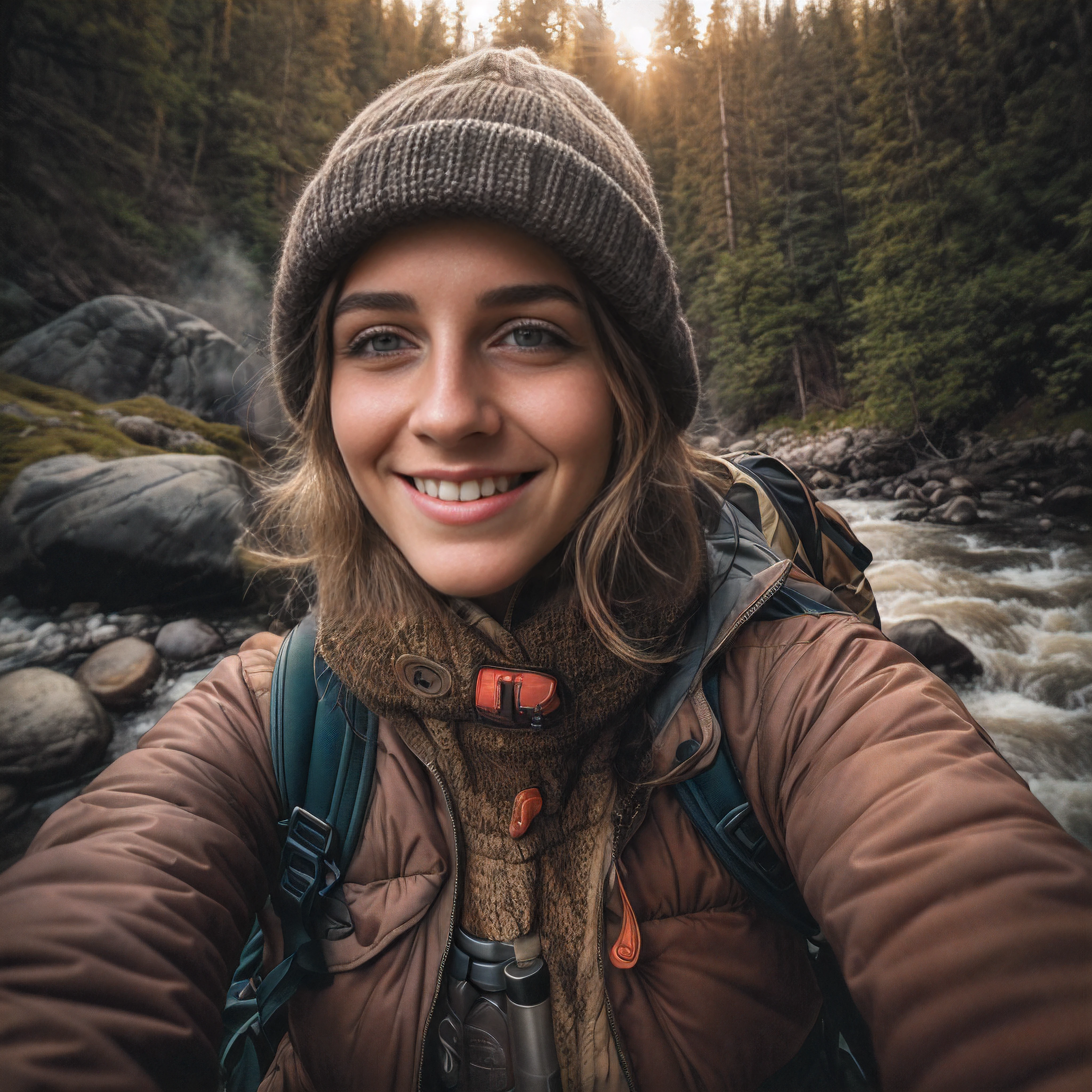 1 young woman((upper body selfie, happy)), masterpiece, best quality, ultra-detailed, solo, outdoors, (night), mountains, nature, (stars, moon) cheerful, happy, backpack, sleeping bag, camping stove, water bottle, mountain boots, gloves, sweater, hat, ((midriff exposed)), flashlight, forest, rocks, river, wood, smoke, shadows, contrast, clear sky, analog style (look at viewer:1.2) (skin texture) (film grain:1.3), (warm hue, warm tone)
:1.2), close up, cinematic light, sidelighting, ultra high res, best shadow, RAW, upper body, old man, wearing pullover