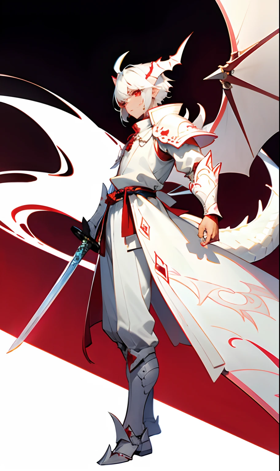 白い竜の鎧を身にまとった少年は、白い鱗に覆われた皮膚と白い角、白い竜の尾を持ち、白い剣と赤い目を持っている。
