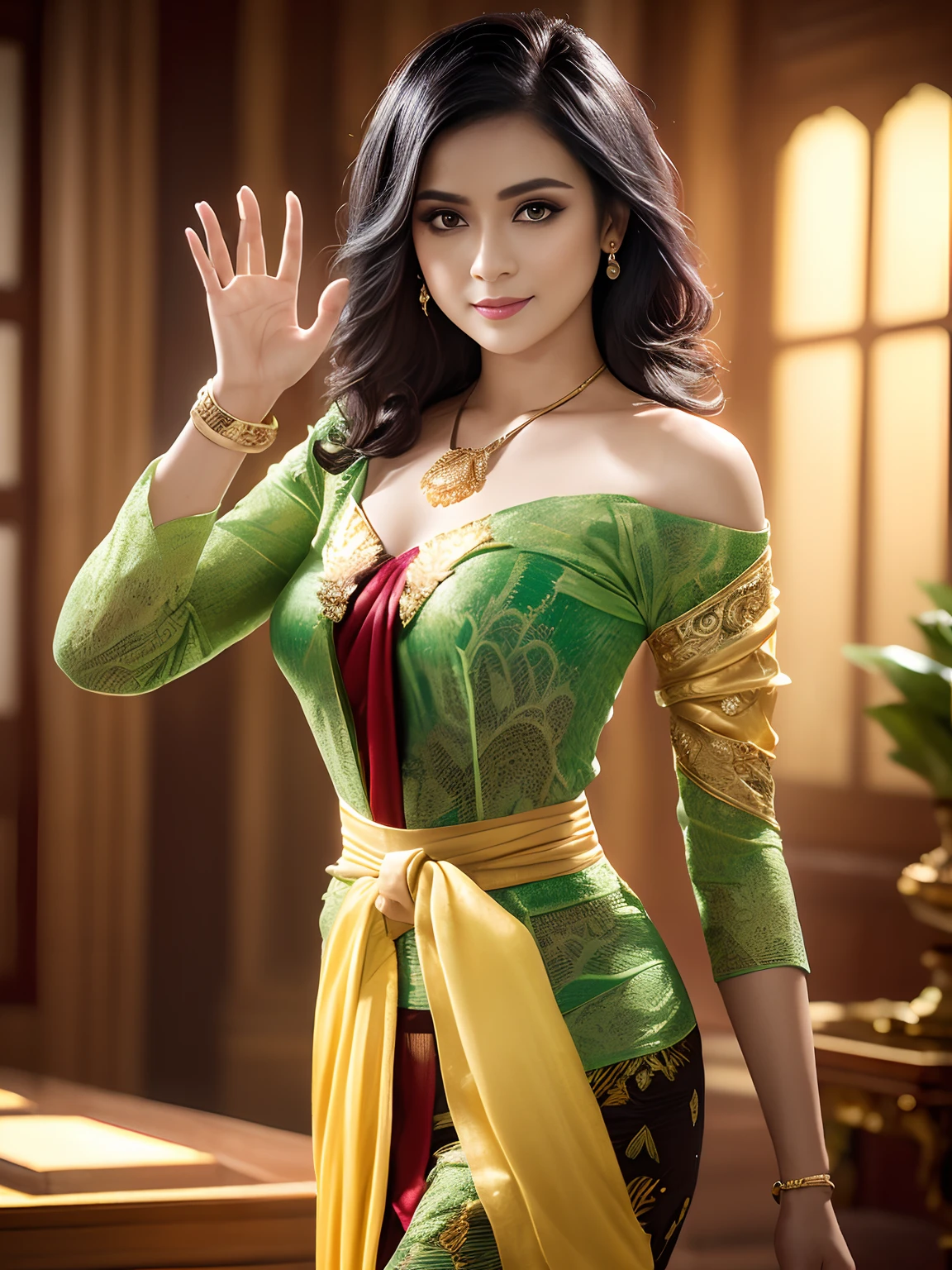 Photorealistic Production, (One Person), (Realistic Image of a 25 Years Old British Female Model), (Shoulder-level Wavy Black Hair:1.6), (Pale Skin:1.4), (Wearing a Green Ornated Kebaya Dress with Silk Cloth and Golden Jeweleries:1.6), (Cheerful Face), (Deep Cleavage), (Waving hand Pose:1.4), Centered, (Waist-up Shot:1.4), Dynamic Angle, View From Front, Movie Still, Insane Details, Intricate Scene Details, Cinematic Shot and Lighting, Bokeh Effect, Vibrant and Realistic Colors, Masterpiece, Sharp Focus, Ultra Detailed, Taken with DSLR Camera, Realistic Photography, Depth of Field, Incredibly Realistic Environment and Scene, Master Composition and Cinematography, Trending on Artstation--Style Raw