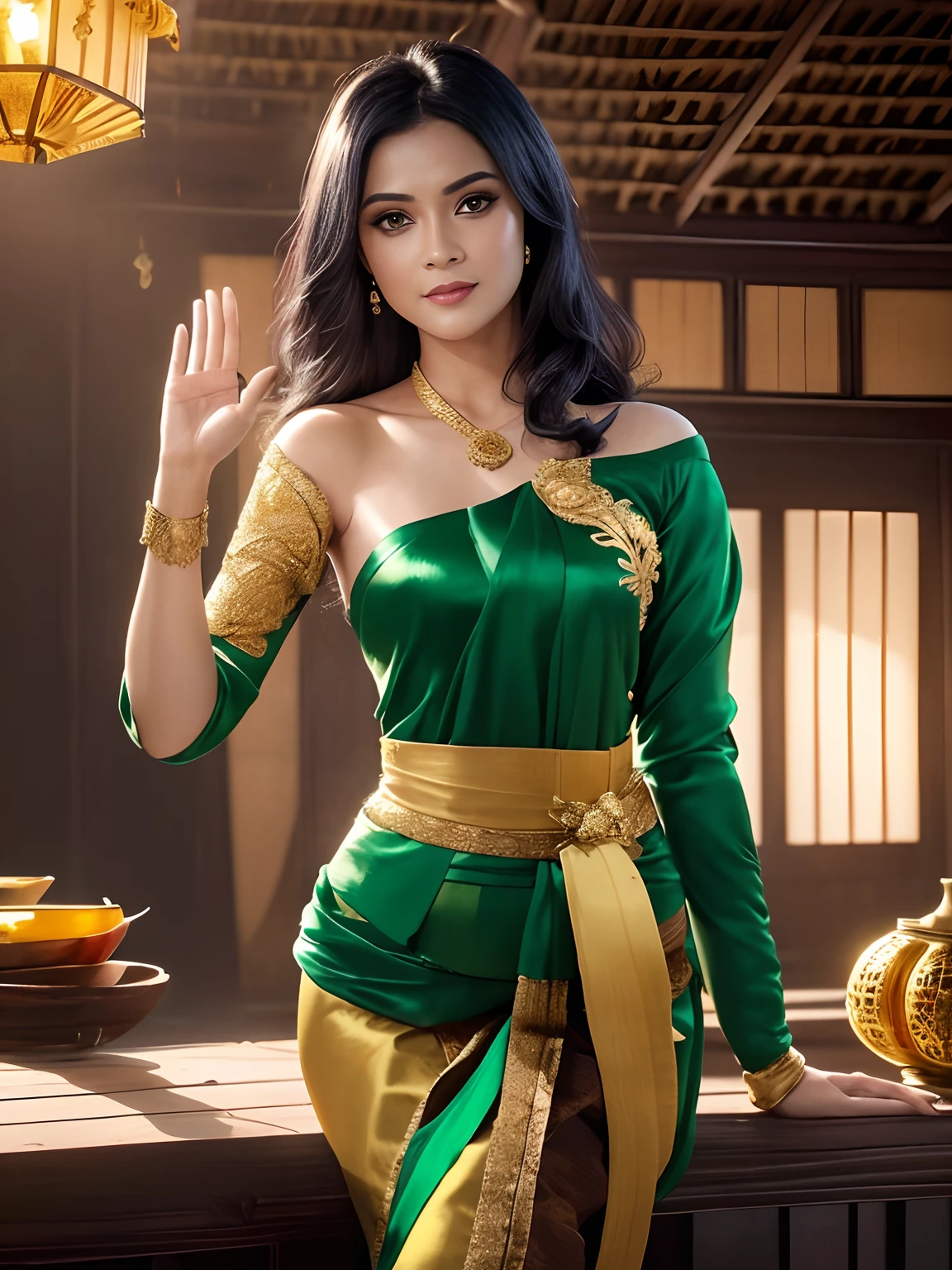 Photorealistic Production, (One Person), (Realistic Image of a 25 Years Old British Female Model), (Shoulder-level Wavy Black Hair:1.6), (Pale Skin:1.4), (Wearing a Green Ornated Kebaya Dress with Silk Cloth and Golden Jeweleries:1.6), (Cheerful Face), (Deep Cleavage), (Waving a Hand Pose:1.4), (Dimly Lit Wooden House Interior:1.6), Centered, (Waist-up Shot:1.4), Dynamic Angle, View From Front, Movie Still, Insane Details, Intricate Scene Details, Cinematic Shot and Lighting, Bokeh Effect, Vibrant and Realistic Colors, Masterpiece, Sharp Focus, Ultra Detailed, Taken with DSLR Camera, Realistic Photography, Depth of Field, Incredibly Realistic Environment and Scene, Master Composition and Cinematography, Trending on Artstation--Style Raw