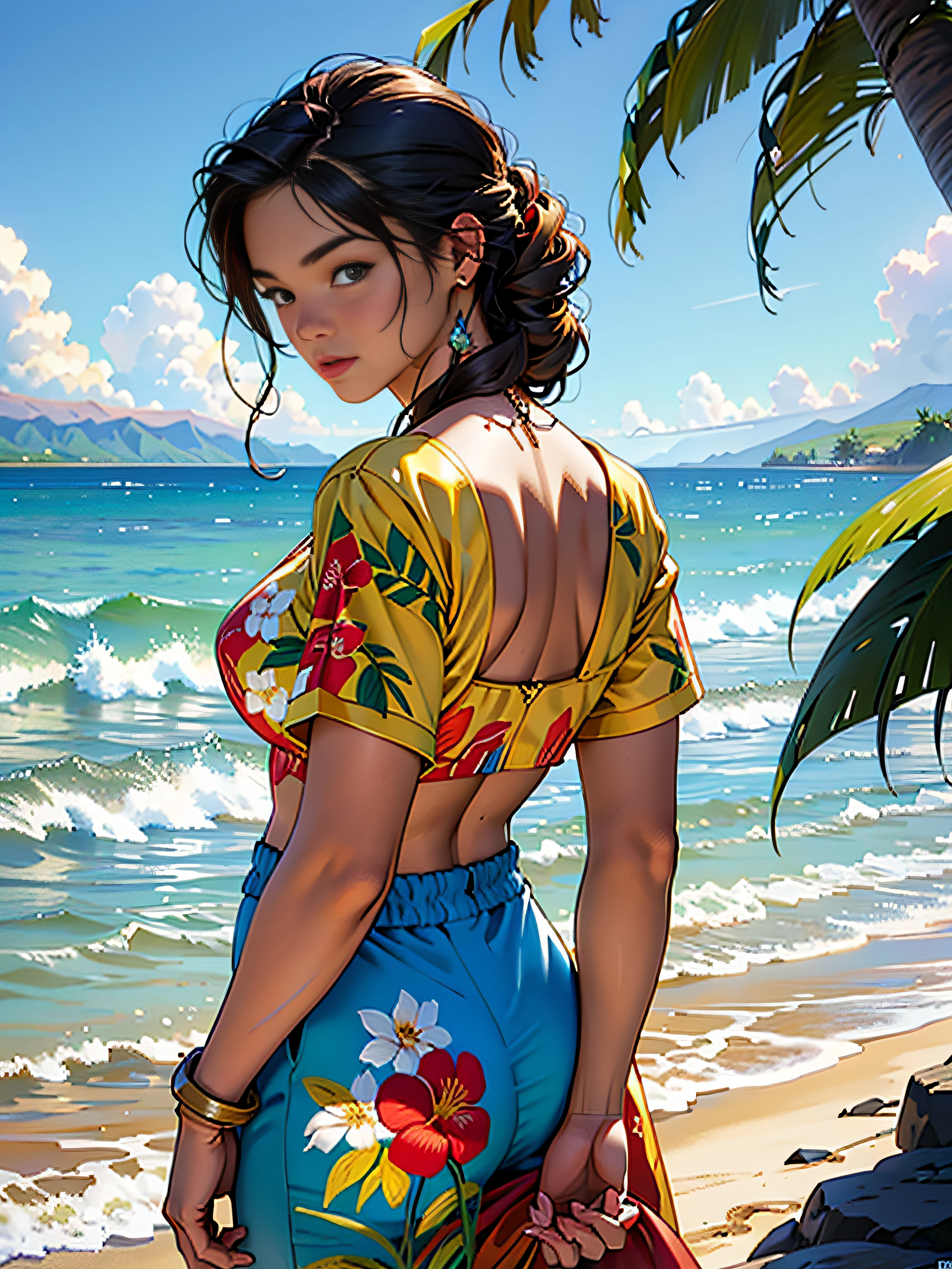 Hawaii Lahaina burning fire in the back, 1 girl painting from the water view, style by Jaime Frias, Best quality, realistic, award-winning illustration in color, (complicated detail: 1.2), (fine detail)