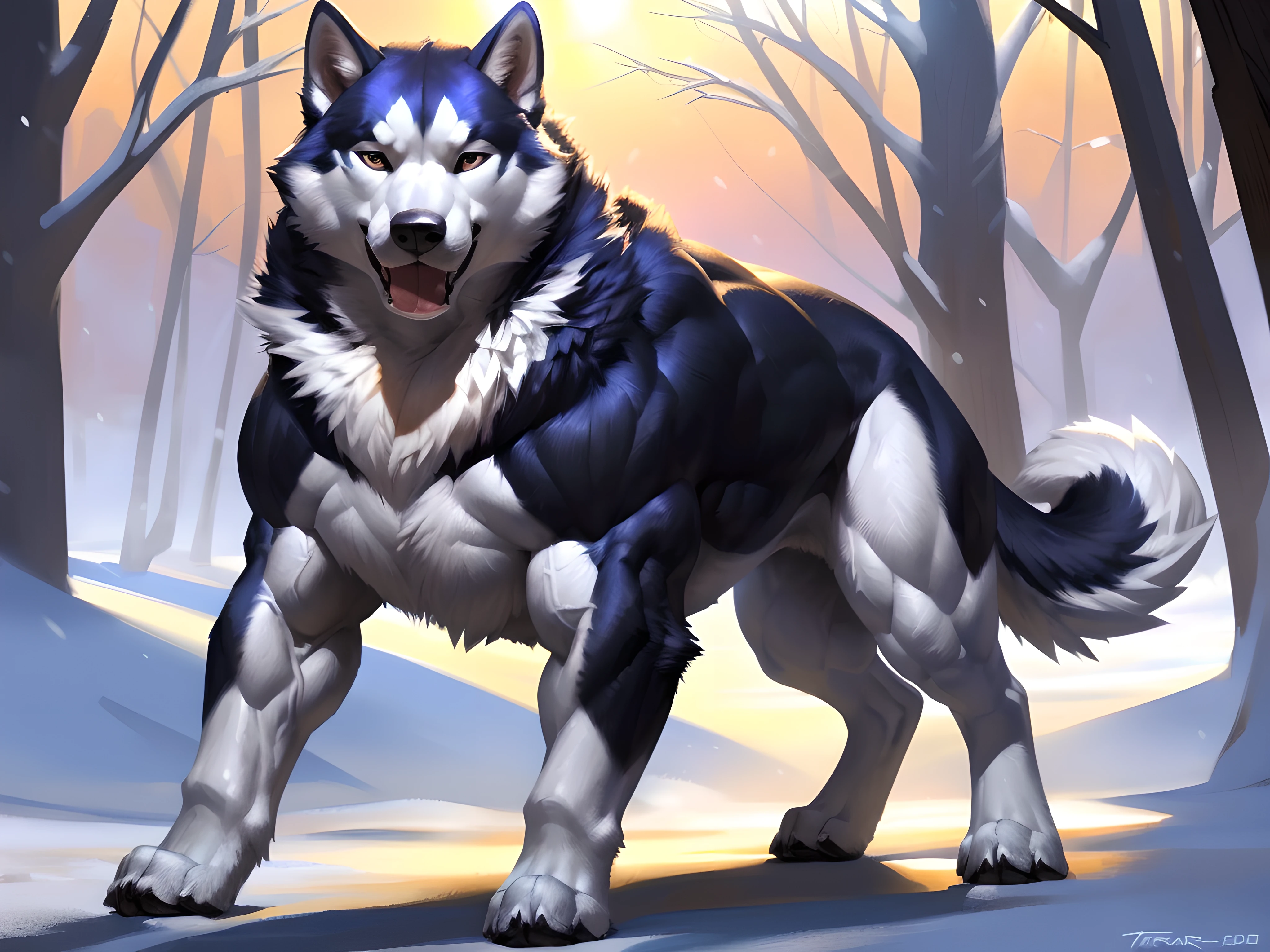 muscular feral husky posing for the camera, (white fur, black fur:1.1). 4k, high resolution, best quality, perfect colors, perfect shadows, perfect lighting, posted on e621, furry body, (feral body, feral dog, quadruped dog:1.05), husky, solo, male, adult, matured, very masculine, (very muscular feral, buff feral, biceps, strong legs, muscular legs, muscular calves, heavyweight, thick build:1.5), (anthro pecs, large pecs, strong chest:1.6), correct anatomy, (photorealistic fur, detailed fur, epic, masterpiece:1.2), (winter background), sexy shadows, (by Taran Fiddler, by vorusuarts, by Traver009), (detailed eyes:1.2), impressive physique, confident pose, strong pose, serious face, open mouth, tongue, proud, looking at camera, strong chest, (full body:1.4), (shiny muscles:1.1), short fur, veins, raised chest, hindlegs stretched back, spread legs, taut muscles, big paws, big feet