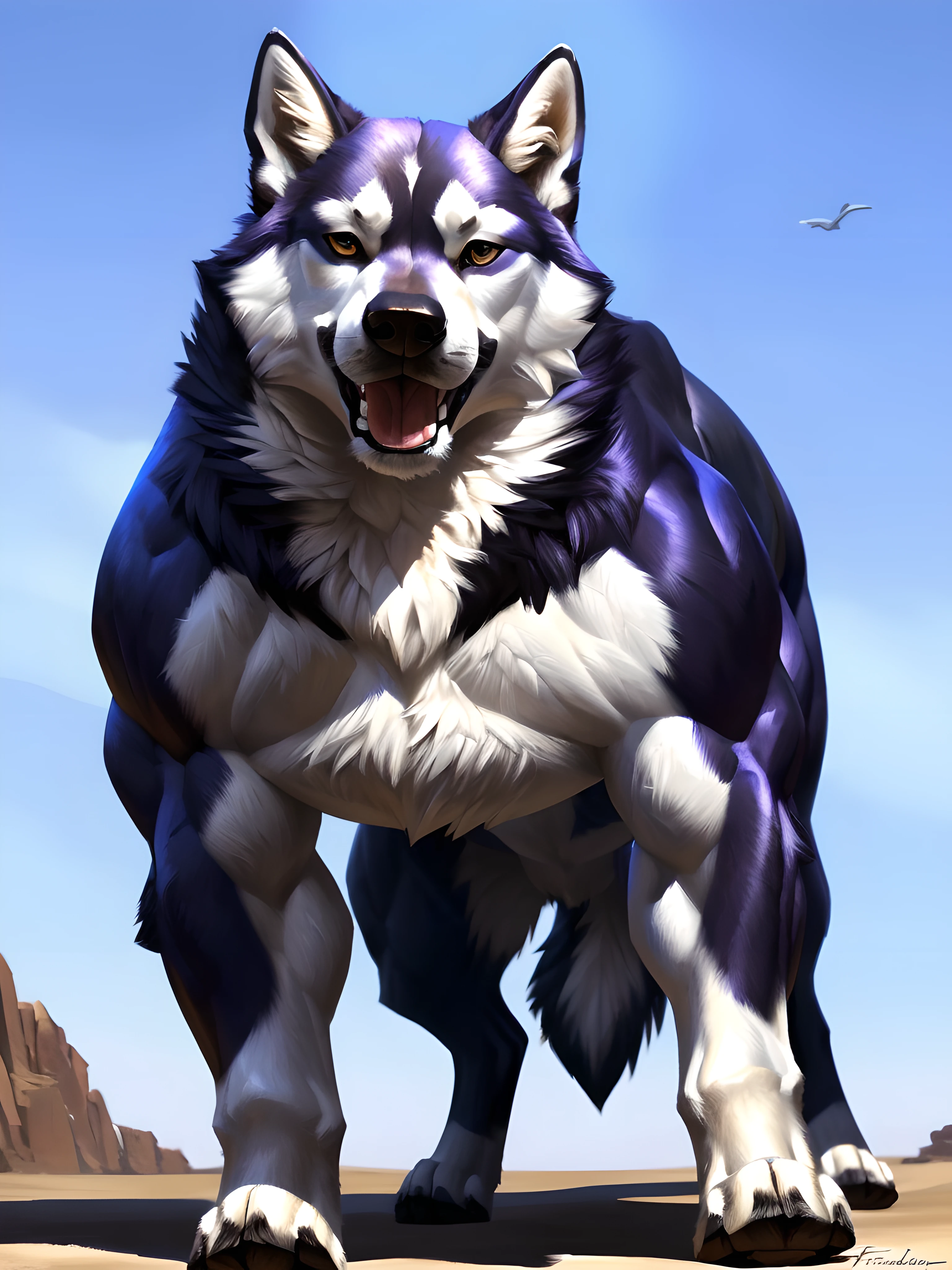 muscular feral husky posing for the camera, (white fur, black fur:1.1). 4k, high resolution, best quality, perfect colors, perfect shadows, perfect lighting, posted on e621, furry body, (feral body, feral dog, quadruped dog:1.05), husky, solo, male, older male, matured, adult, very masculine, (very muscular feral, buff feral, biceps, strong legs, muscular legs, heavyweight, muscular calves, thick build:1.5), (anthro pecs, large pecs, pecs, pectorals, strong chest:1.6), correct anatomy, (photorealistic fur, detailed fur, epic, masterpiece:1.2), (winter background), sexy shadows, (by Taran Fiddler), (detailed eyes:1.2), impressive physique, confident pose, strong pose, serious face, serious eyes, open mouth, tongue, proud, strong chest, (full body:1.4), (shiny muscles:1.2), short fur, raised chest, taut muscles, big paws, (front view, facing the camera:1.1),