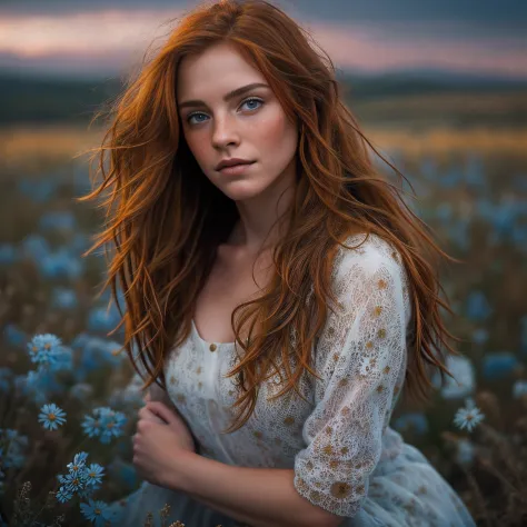 Masterpiece, stunning redhead woman kneeling in flower field, arms folded across chest, gazing thoughtfully into distance, flowi...