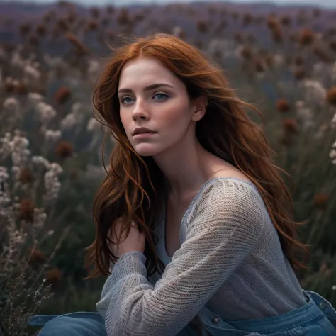 Masterpiece, stunning redhead woman kneeling in flower field, arms folded across chest, gazing thoughtfully into distance, flowi...