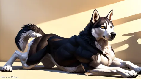 muscular feral husky posing for the camera, (laying on floor:1.2), (white fur, black fur:1.1). 4k, high resolution, best quality, perfect colors, perfect shadows, perfect lighting, posted on e621, furry body, (feral body, feral dog, quadruped dog, forelegs...