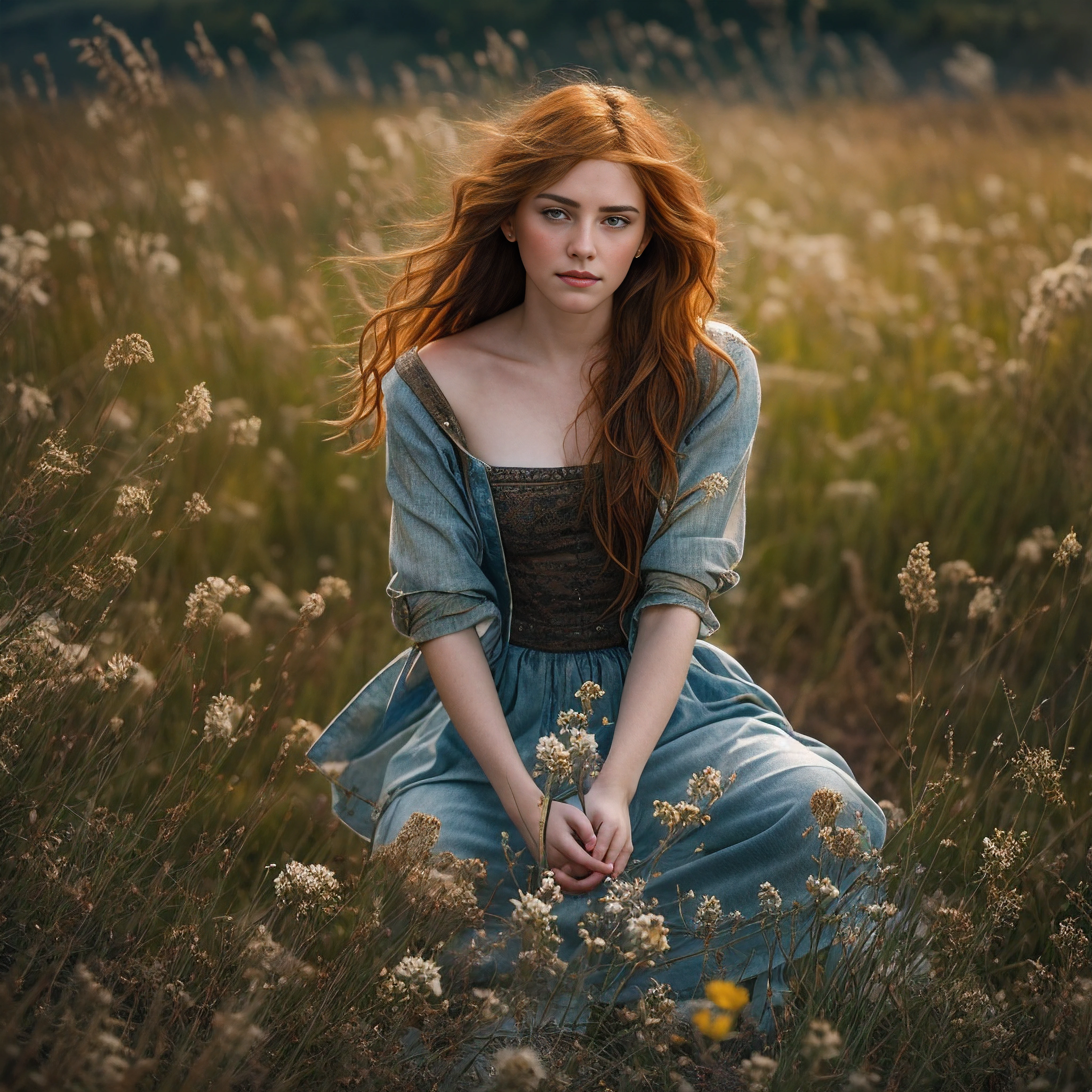 Masterpiece portrait depicting a stunning redheaded goddess kneeling peacefully amidst a flowering meadow, arms folded across her chest, gazing thoughtfully into the distance with serene blue eyes, windswept crimson locks frame her delicate features, precise hands and flawless freckled skin glow in the natural light, exceptionally detailed and photorealistic quality resembling a high resolution RAW digital photograph, dramatic cinematic lighting creates striking realism and intimate ambience, intricate textures and imperfections mimic natural 35mm film grain, overall composition is perfectly balanced with ideal framing and perspective, this profound work of digital art is masterfully created with a visionary artistic style and meticulous attention to photographic detail including shallow depth of field, prime lens bokeh, and sensor noise.