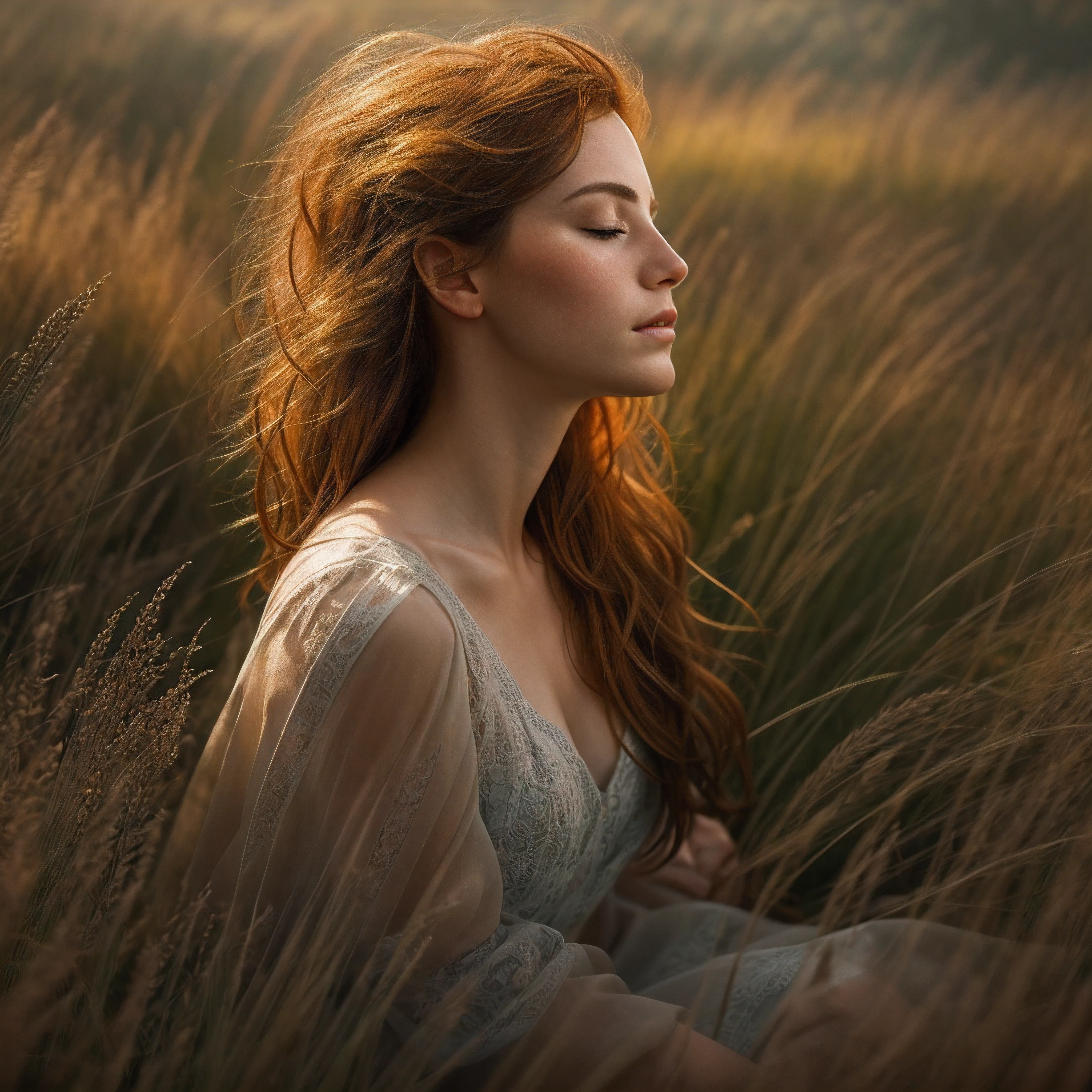 An exquisite portrait depicting a beautiful redheaded woman kneeling peacefully in a lush meadow, eyes closed in pensive thought, delicate features caressed by rays of sunlight, flawless skin adorned with endearing freckles, fiery locks softly blowing in the breeze, masterfully composed in the style of a fine art photographic print, tonality rich and atmospherically moody like a cinematic still, intricate textures and film grain integrated seamlessly, overall craftsmanship superbly executed with extraordinary attention to detail, this profound digital painting epitomizes photorealism meets imaginative artistry.