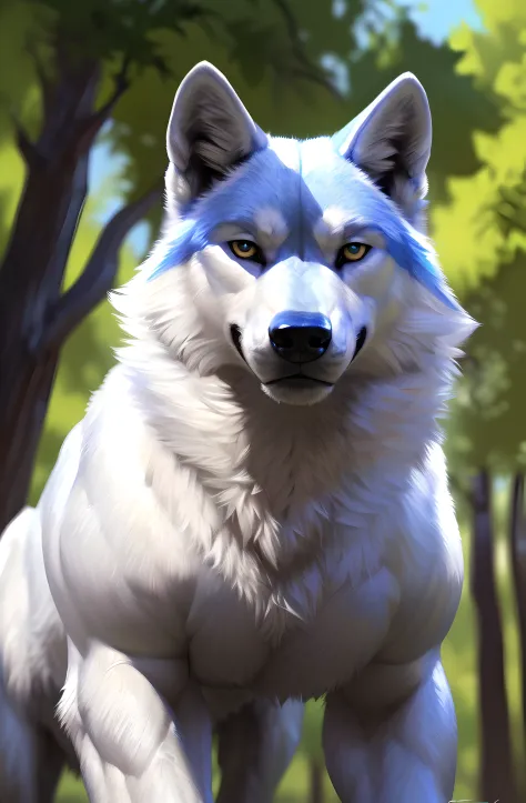 muscular feral wolf posing for the camera, (sitting down:1.2, (front view, facing the camera:1.2), (low angle-shot:1.1), 4k, high resolution, best quality, perfect colors, perfect shadows, perfect lighting, posted on e621, (white wolf, white body:1.2), (fe...