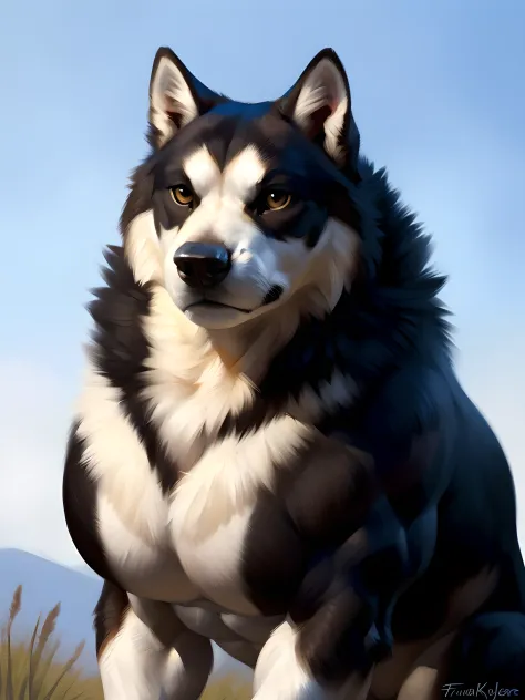 muscular feral malamute posing for the camera, (sitting down, front view, facing the camera, close-up to chest and face, looking at camera:1.1). 4k, high resolution, best quality, perfect colors, perfect shadows, perfect lighting, posted on e621, (black fu...