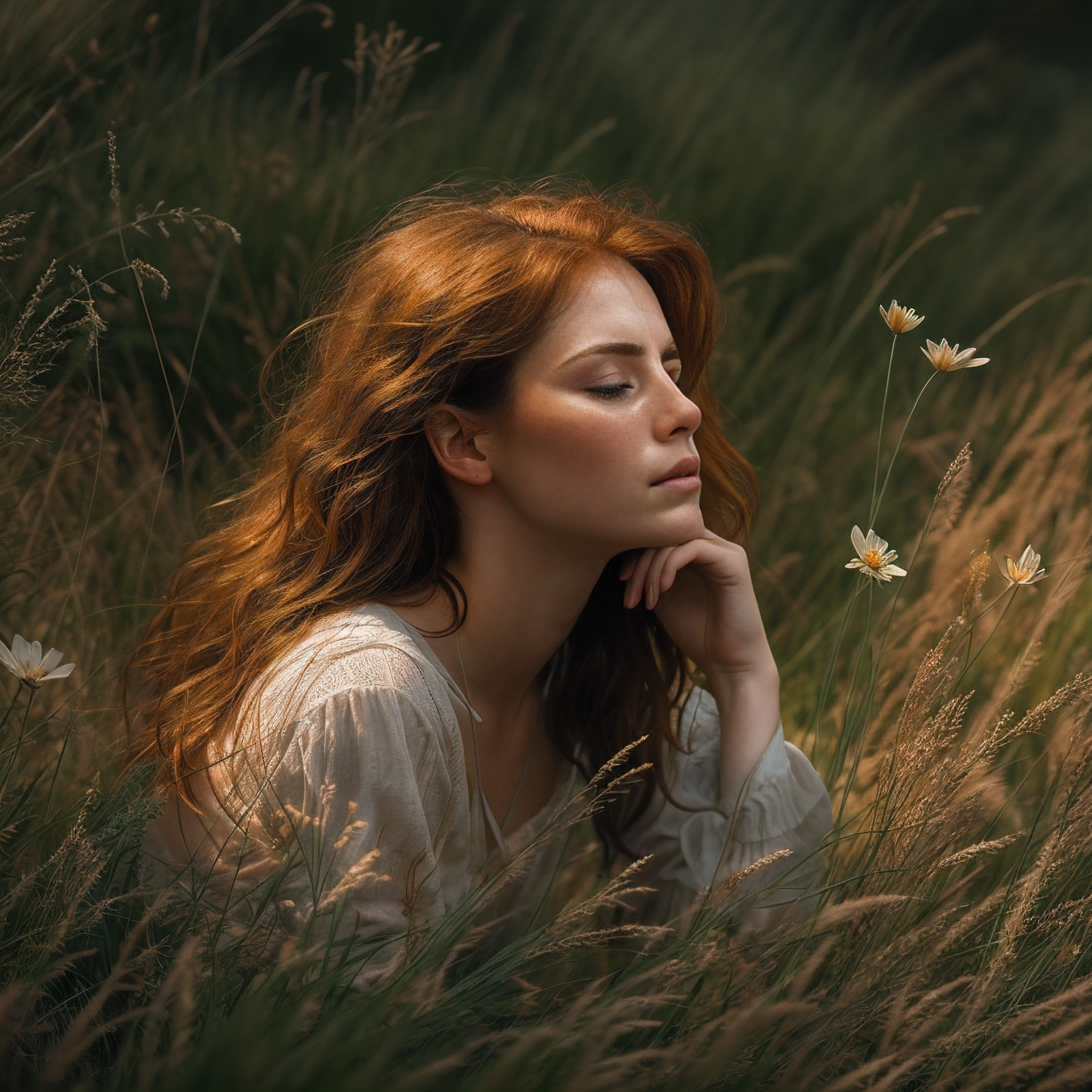 An exquisite portrait depicting a beautiful redheaded woman kneeling peacefully in a lush meadow, eyes closed in pensive thought, delicate features caressed by rays of sunlight, flawless skin adorned with endearing freckles, fiery locks softly blowing in the breeze, masterfully composed in the style of a fine art photographic print, tonality rich and atmospherically moody like a cinematic still, intricate textures and film grain integrated seamlessly, overall craftsmanship superbly executed with extraordinary attention to detail, this profound digital painting epitomizes photorealism meets imaginative artistry.