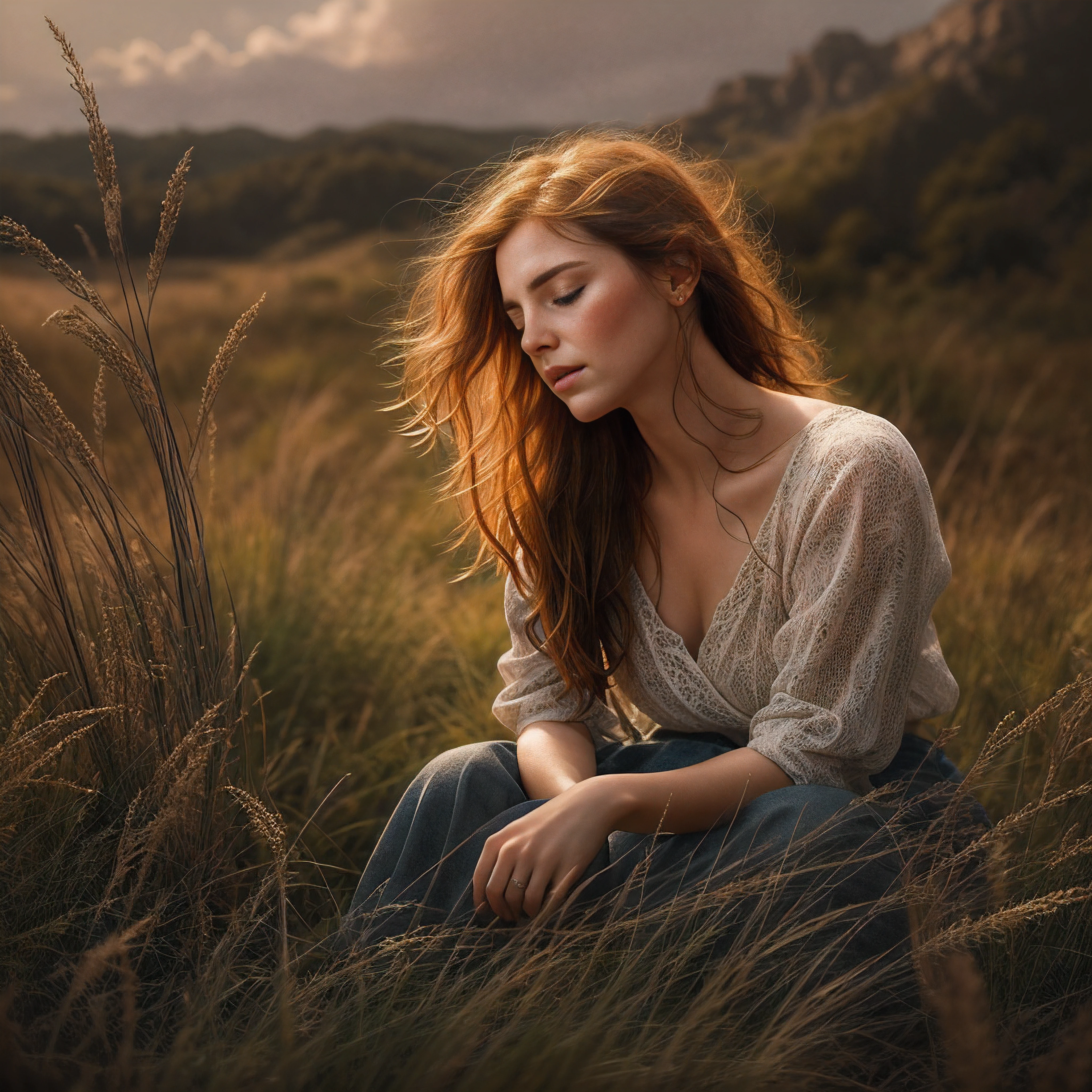 An exquisite portrait depicting a beautiful redheaded woman kneeling peacefully in a lush meadow, eyes closed in pensive thought, delicate features caressed by rays of sunlight, flawless skin adorned with endearing freckles, fiery locks softly blowing in the breeze, masterfully composed in the style of a fine art photographic print, tonality rich and atmospherically moody like a cinematic still, intricate textures and film grain integrated seamlessly, overall craftsmanship superbly executed with extraordinary attention to detail, this profound digital painting epitomizes photorealism meets imaginative artistry.