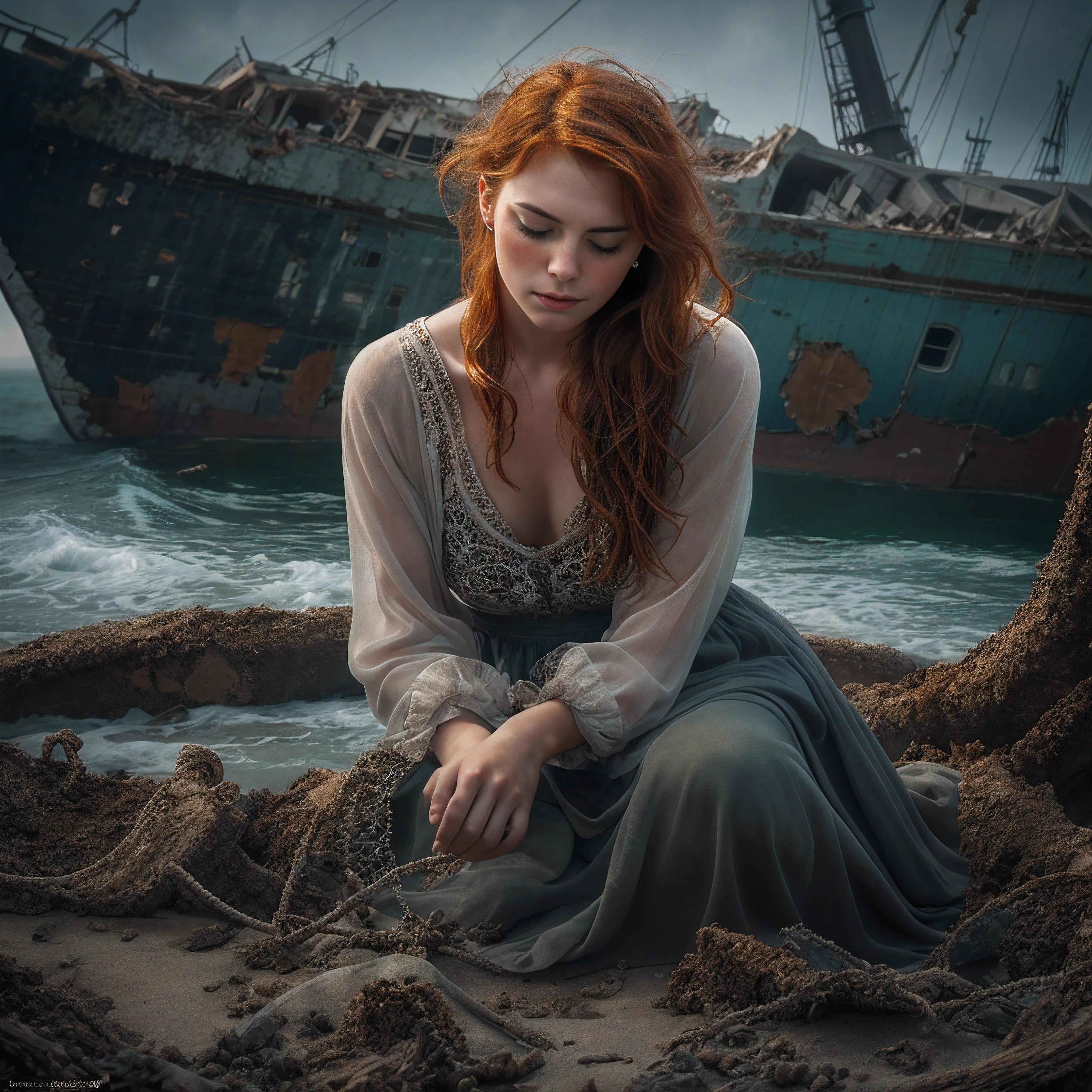 An exquisite portrait depicting a beautiful redheaded woman kneeling peacefully amidst the remains of a shipwreck, eyes closed in pensive thought, delicate features caressed by ocean mist, flawless skin adorned with endearing freckles, fiery locks softly blowing in the seabreeze, masterfully composed in the style of a fine art photographic print, tonality rich and atmospherically moody like a cinematic still, intricate textures and film grain integrated seamlessly, overall craftsmanship superbly executed with extraordinary attention to detail, this profound digital painting epitomizes photorealism meets imaginative artistry.
