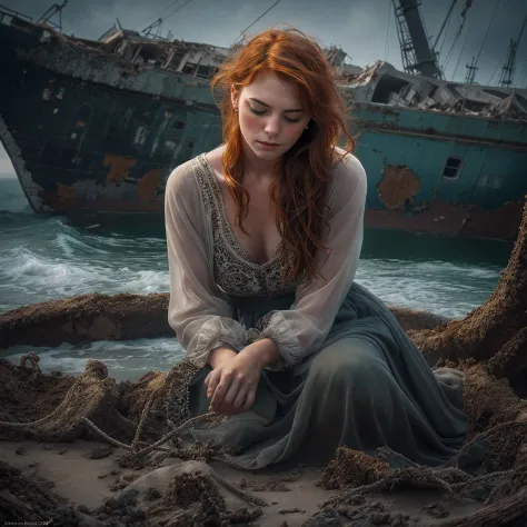An exquisite portrait depicting a beautiful redheaded woman kneeling peacefully amidst the remains of a shipwreck, eyes closed in pensive thought, delicate features caressed by ocean mist, flawless skin adorned with endearing freckles, fiery locks softly b...
