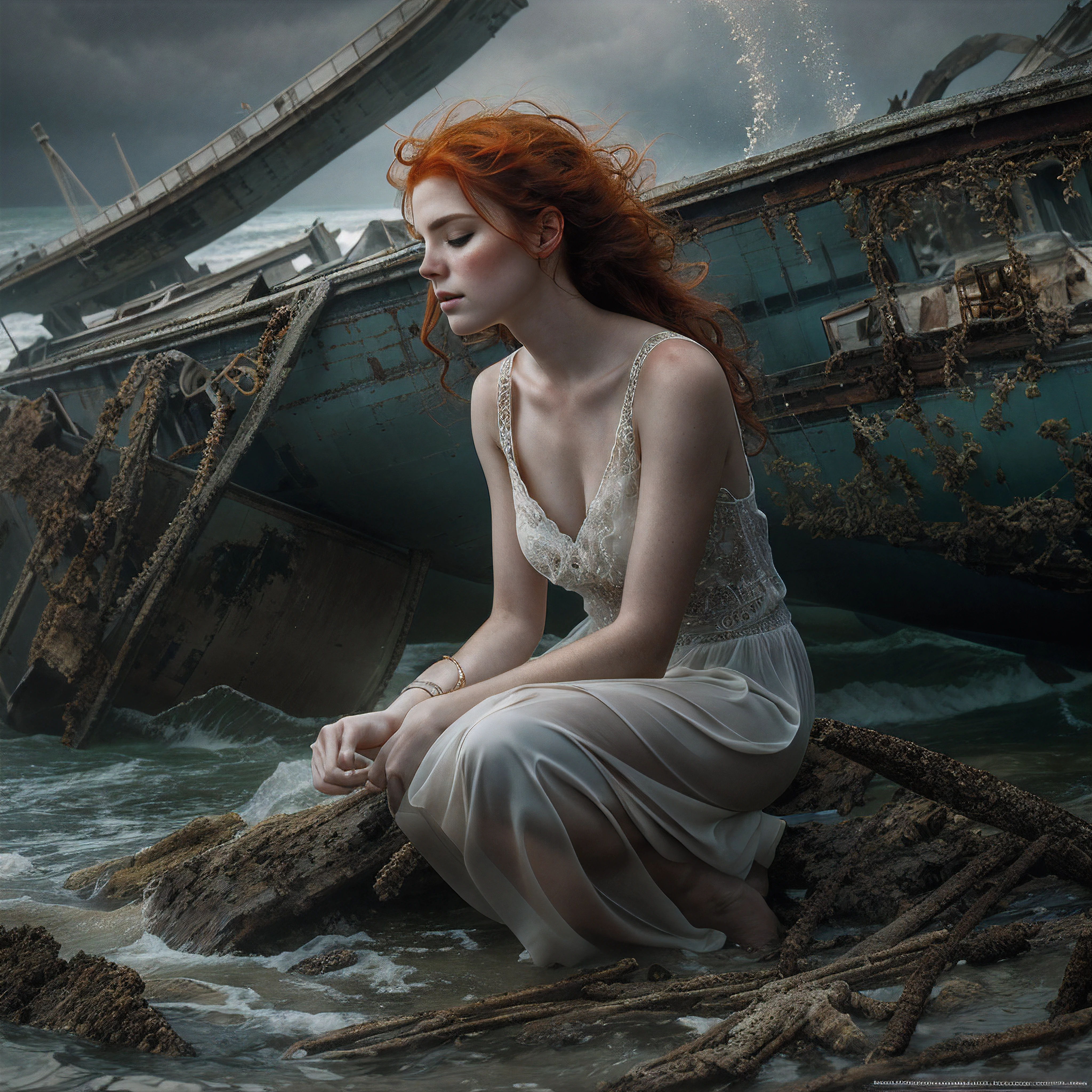 An exquisite portrait depicting a beautiful redheaded woman kneeling peacefully amidst the remains of a shipwreck, eyes closed in pensive thought, delicate features caressed by ocean mist, flawless skin adorned with endearing freckles, fiery locks softly blowing in the seabreeze, masterfully composed in the style of a fine art photographic print, tonality rich and atmospherically moody like a cinematic still, intricate textures and film grain integrated seamlessly, overall craftsmanship superbly executed with extraordinary attention to detail, this profound digital painting epitomizes photorealism meets imaginative artistry.