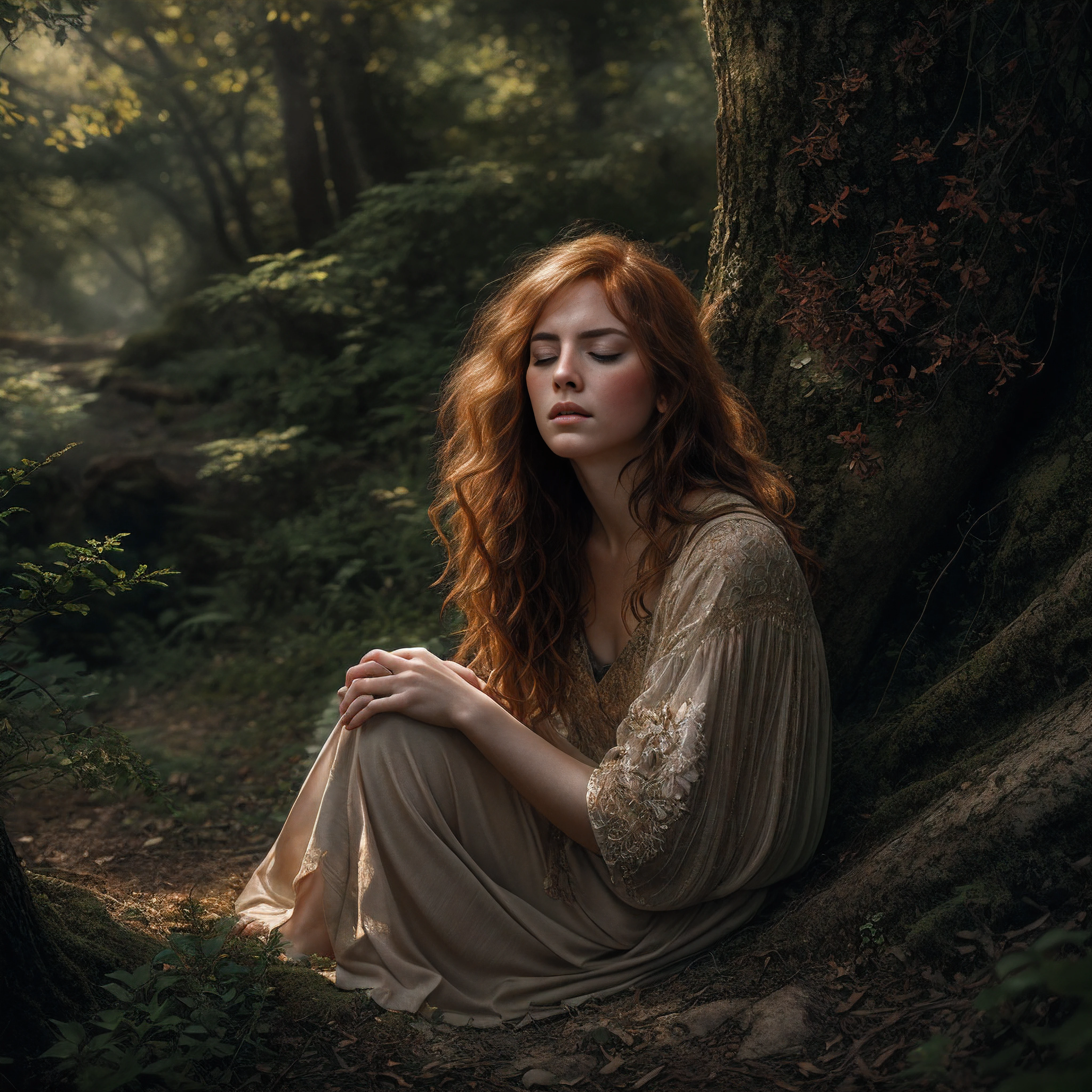 An exquisite portrait depicting a beautiful redheaded woman kneeling peacefully in an ancient forest glen, eyes closed in pensive thought, delicate features caressed by dappled sunlight, flawless skin adorned with endearing freckles, fiery locks softly blowing in the woodland breeze, masterfully composed in the style of a fine art photographic print, tonality rich and atmospherically moody like a cinematic still, intricate textures and film grain integrated seamlessly, overall craftsmanship superbly executed with extraordinary attention to detail, this profound digital painting epitomizes photorealism meets imaginative artistry.