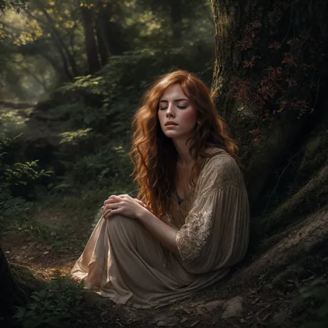 An exquisite portrait depicting a beautiful redheaded woman kneeling peacefully in an ancient forest glen, eyes closed in pensive thought, delicate features caressed by dappled sunlight, flawless skin adorned with endearing freckles, fiery locks softly blo...